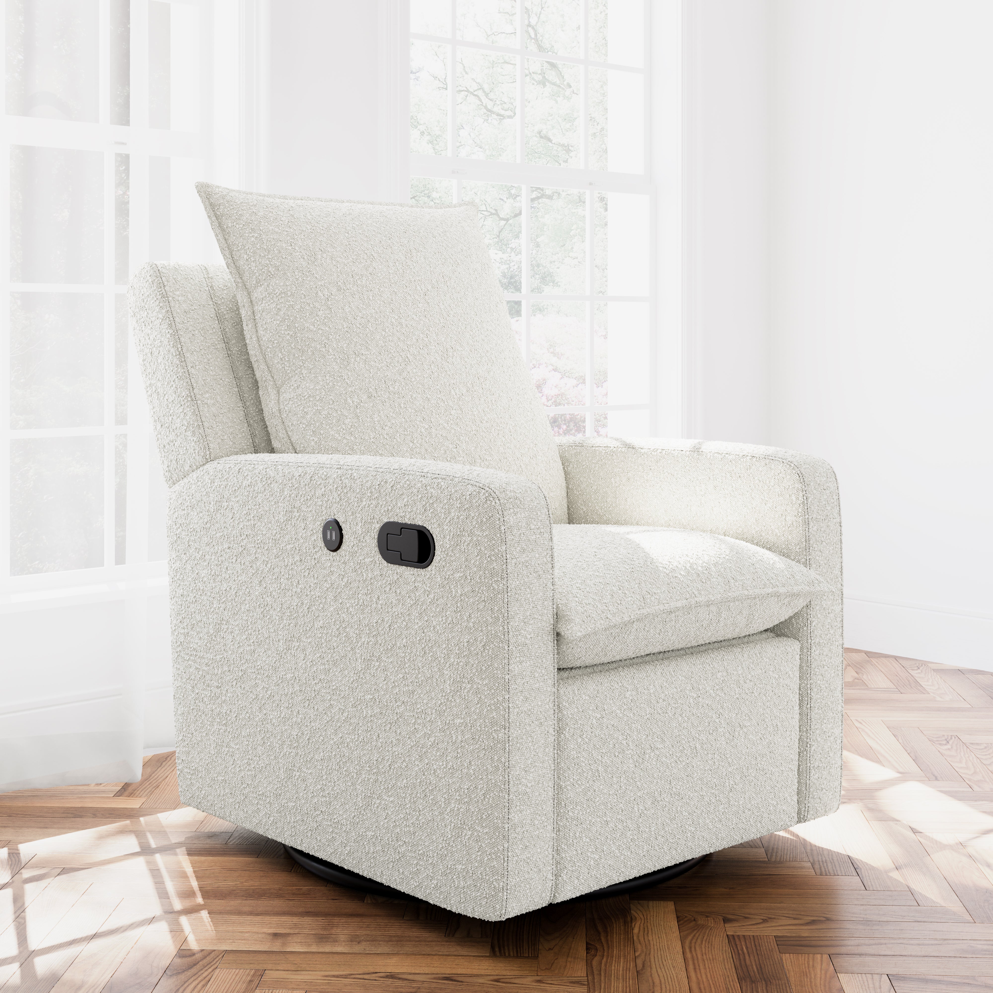 Recliner Glider  in nursery - Angle view (Ivory Boucle) 