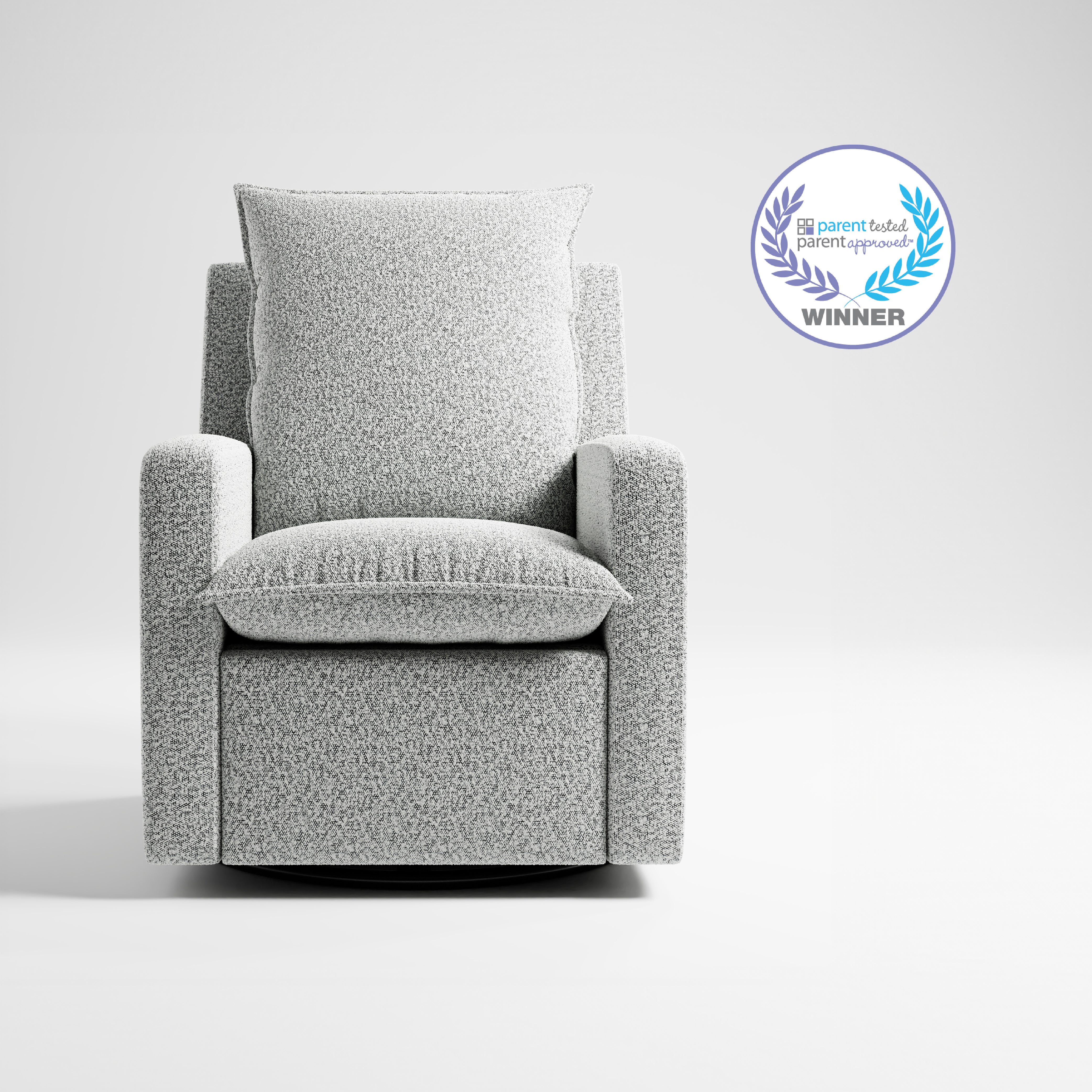 Recliner Glider  - Front view  with certification  (Salt & Pepper Boucle)