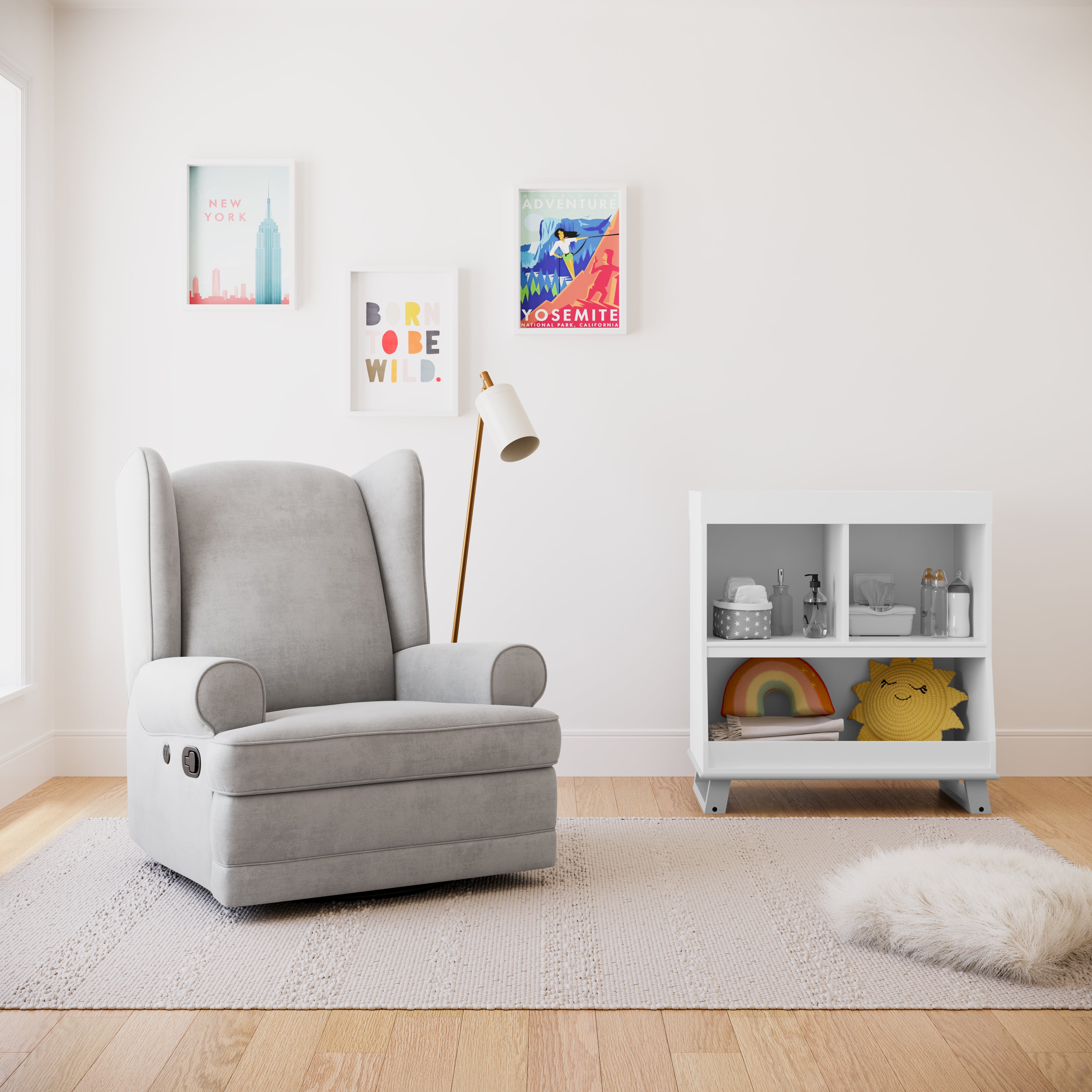 steel glider in nursery with changing table