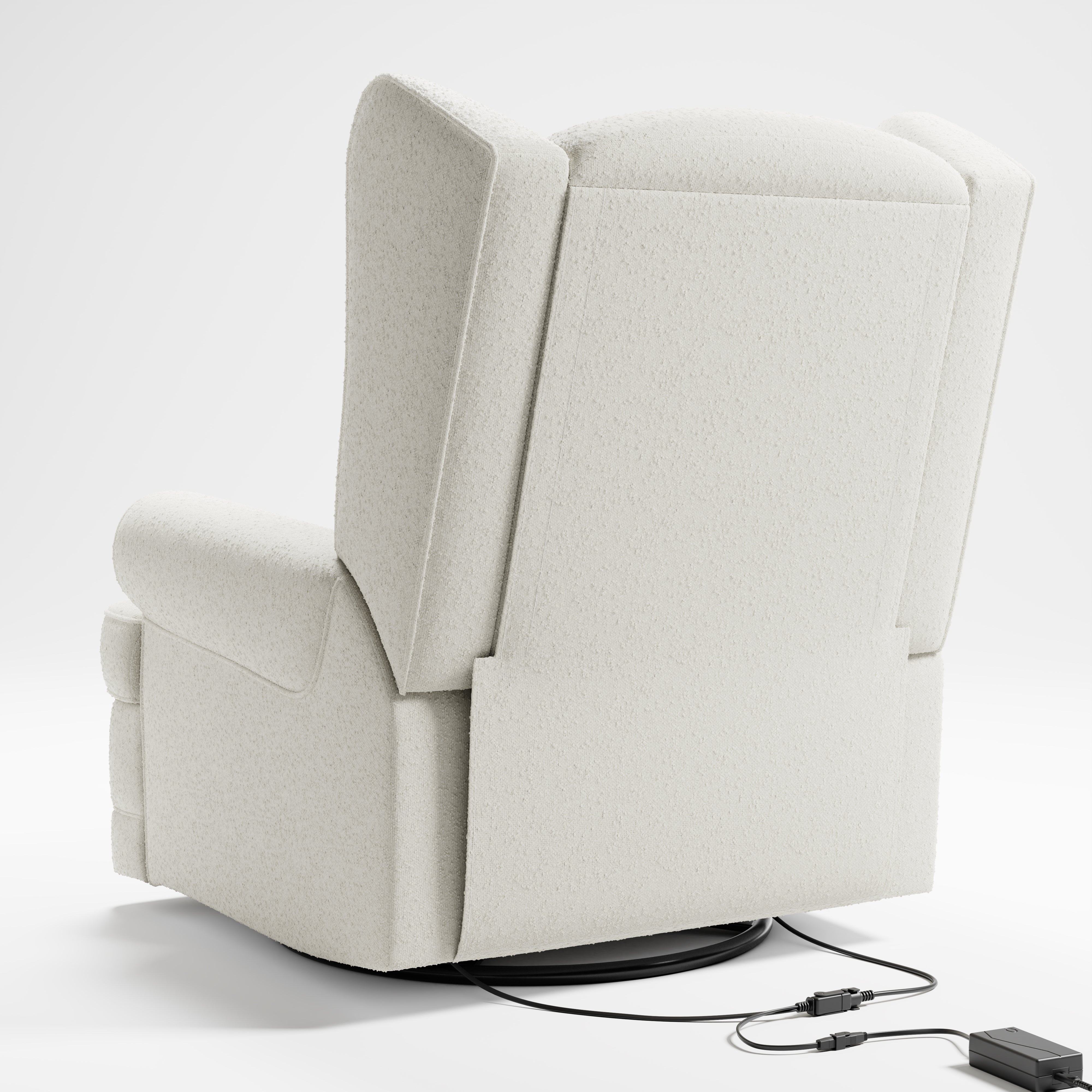 Recliner glider, backrest view with charger (Ivory Boucle)