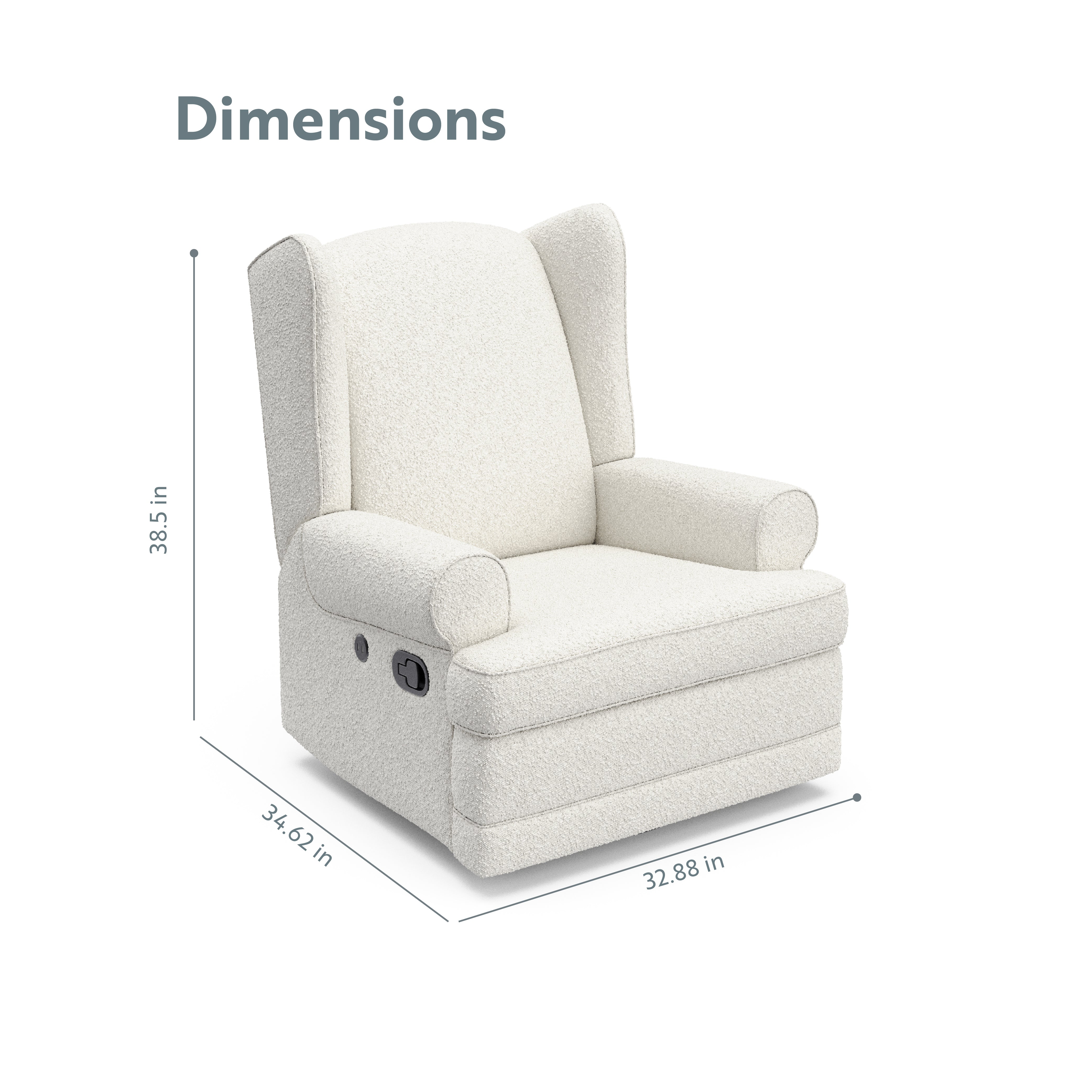 Recliner Glider  - Angle view showing dimensions (Ivory Boucle)