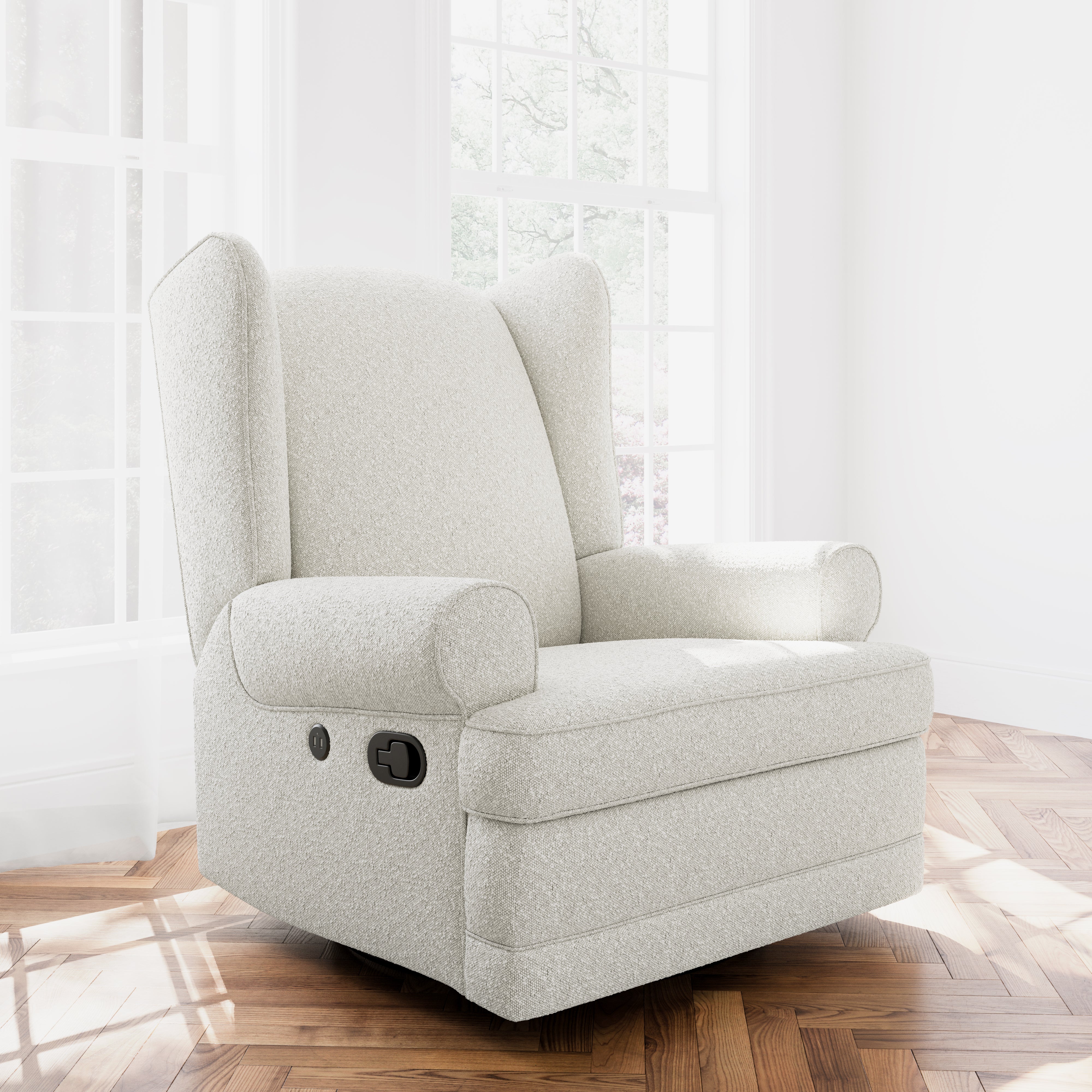 Recliner Glider  in nursery - Angle view (Ivory Boucle) 