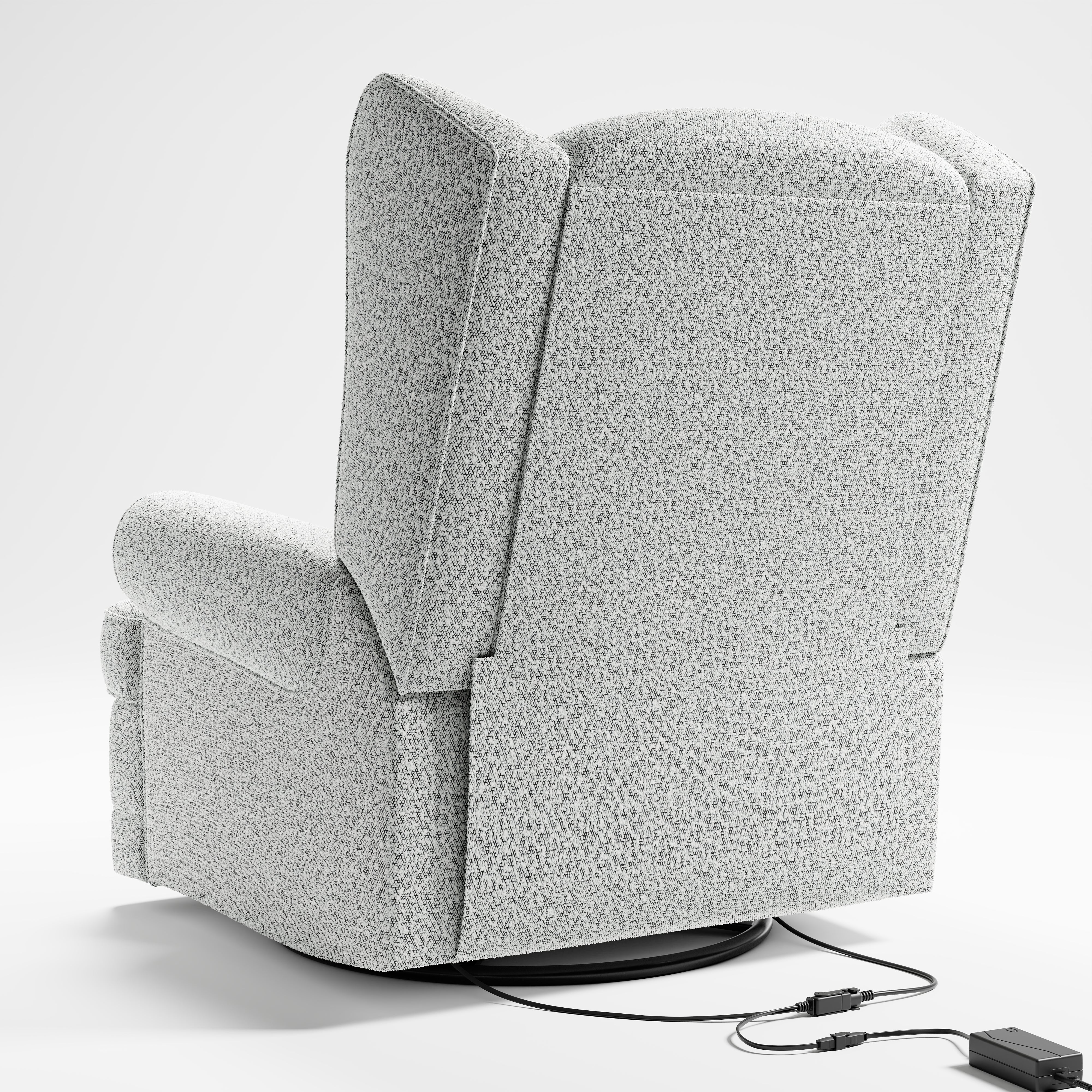 Recliner glider, backrest view with charger (Salt & Pepper Boucle)