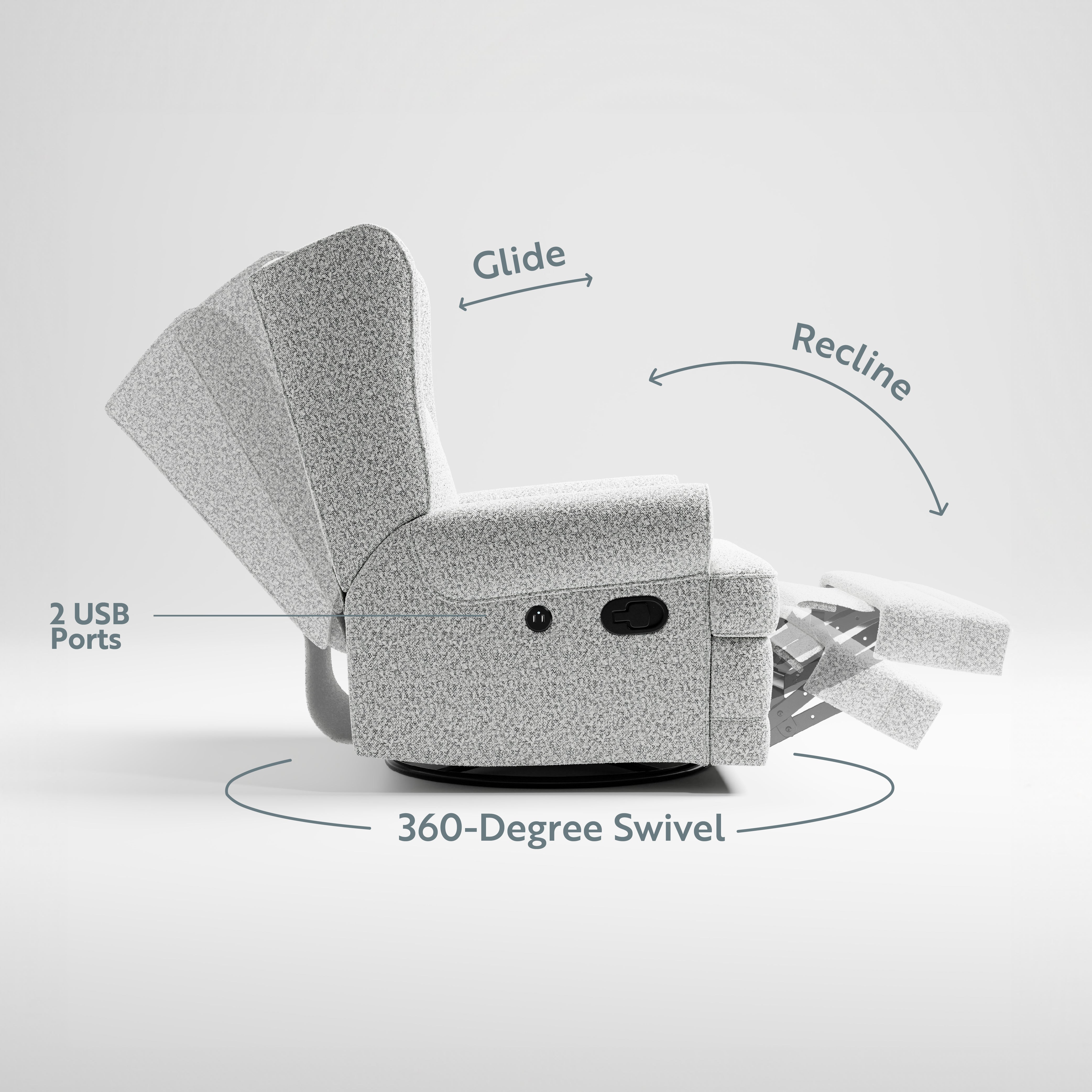 Recliner glider showing reclining and swiveling mechanism (Salt & Pepper Boucle)