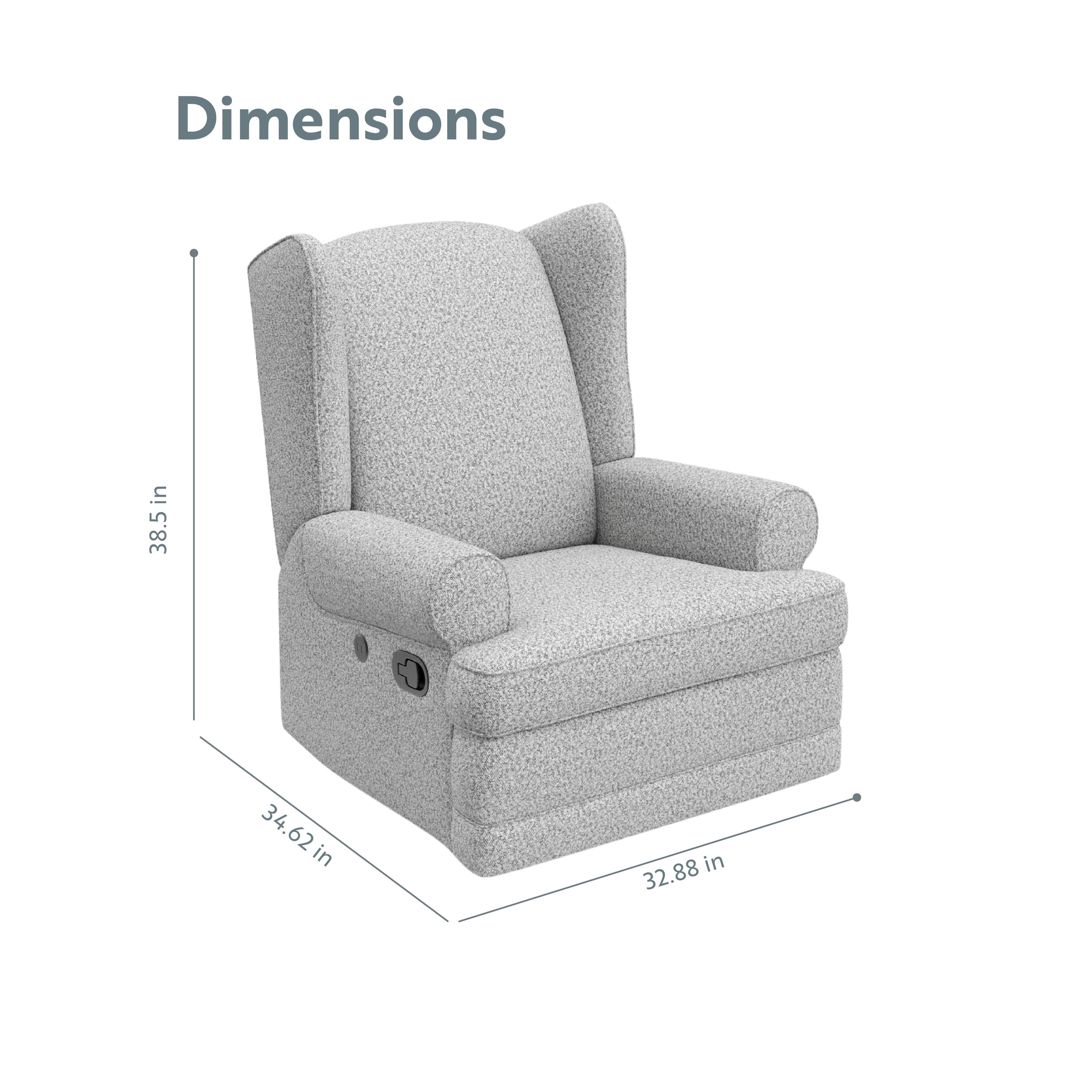 Recliner Glider  - Angle view showing dimensions (Salt & Pepper Boucle)