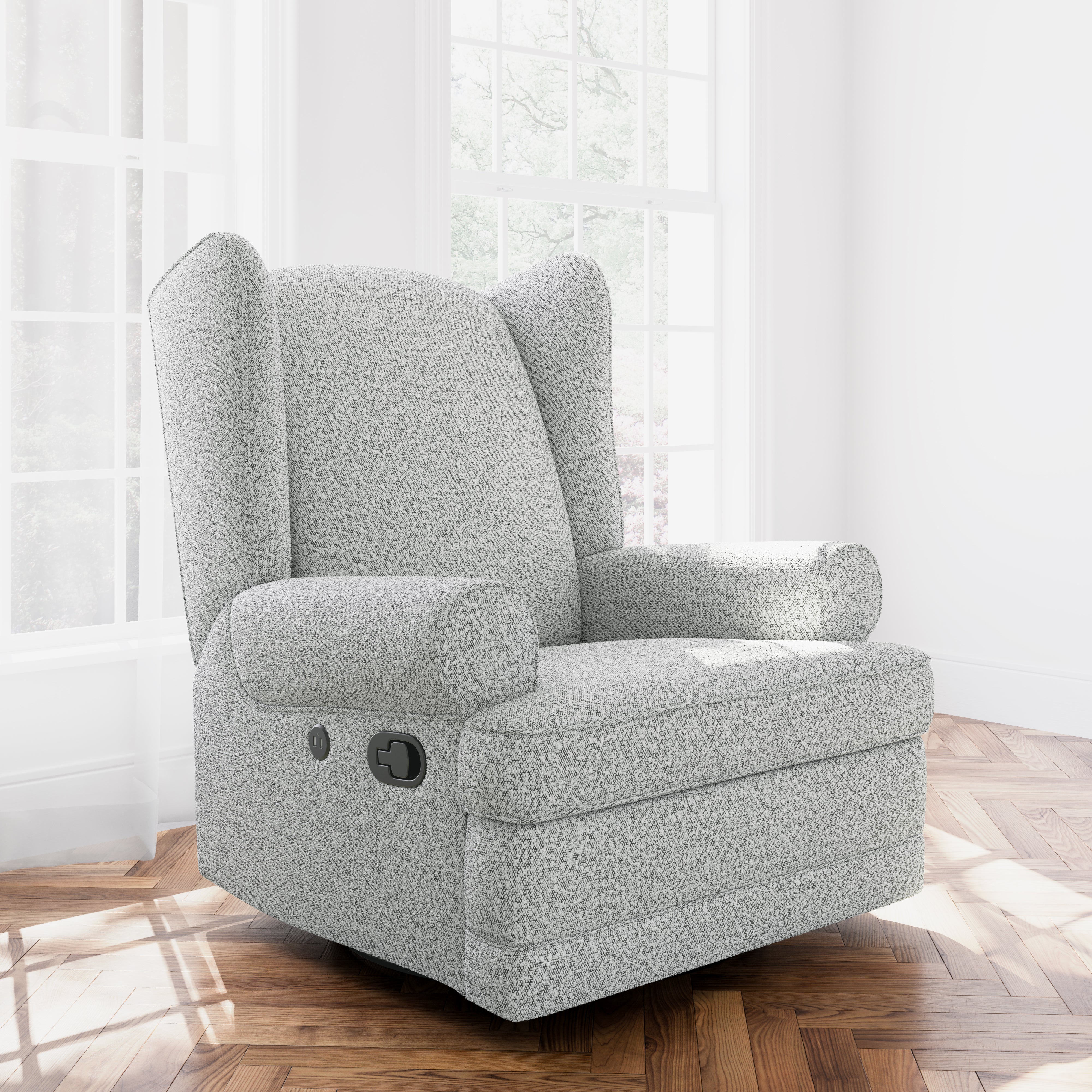 Recliner Glider  in nursery - Angle view (Salt & Pepper Boucle) 