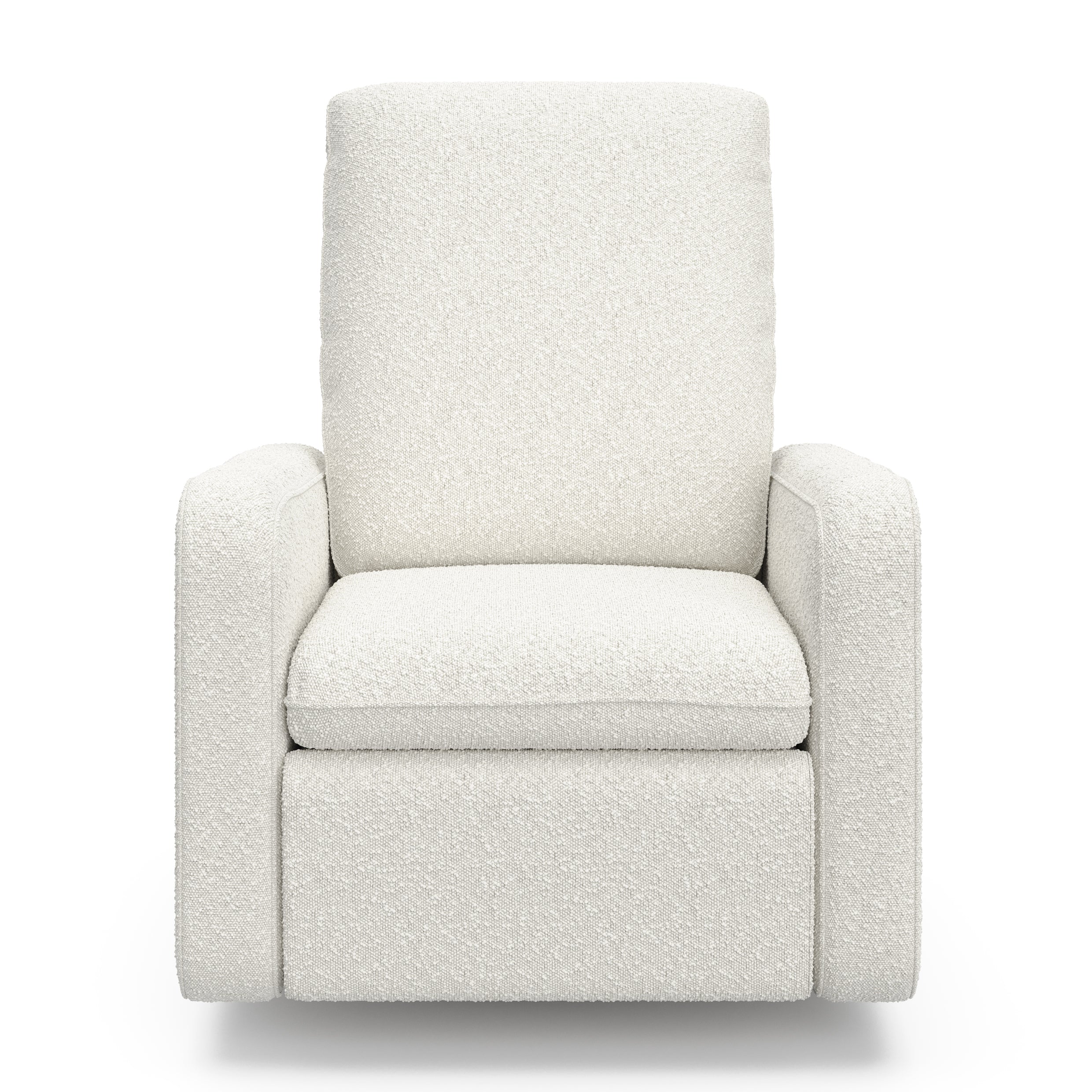 Front view of an ivory boucle reclining glider