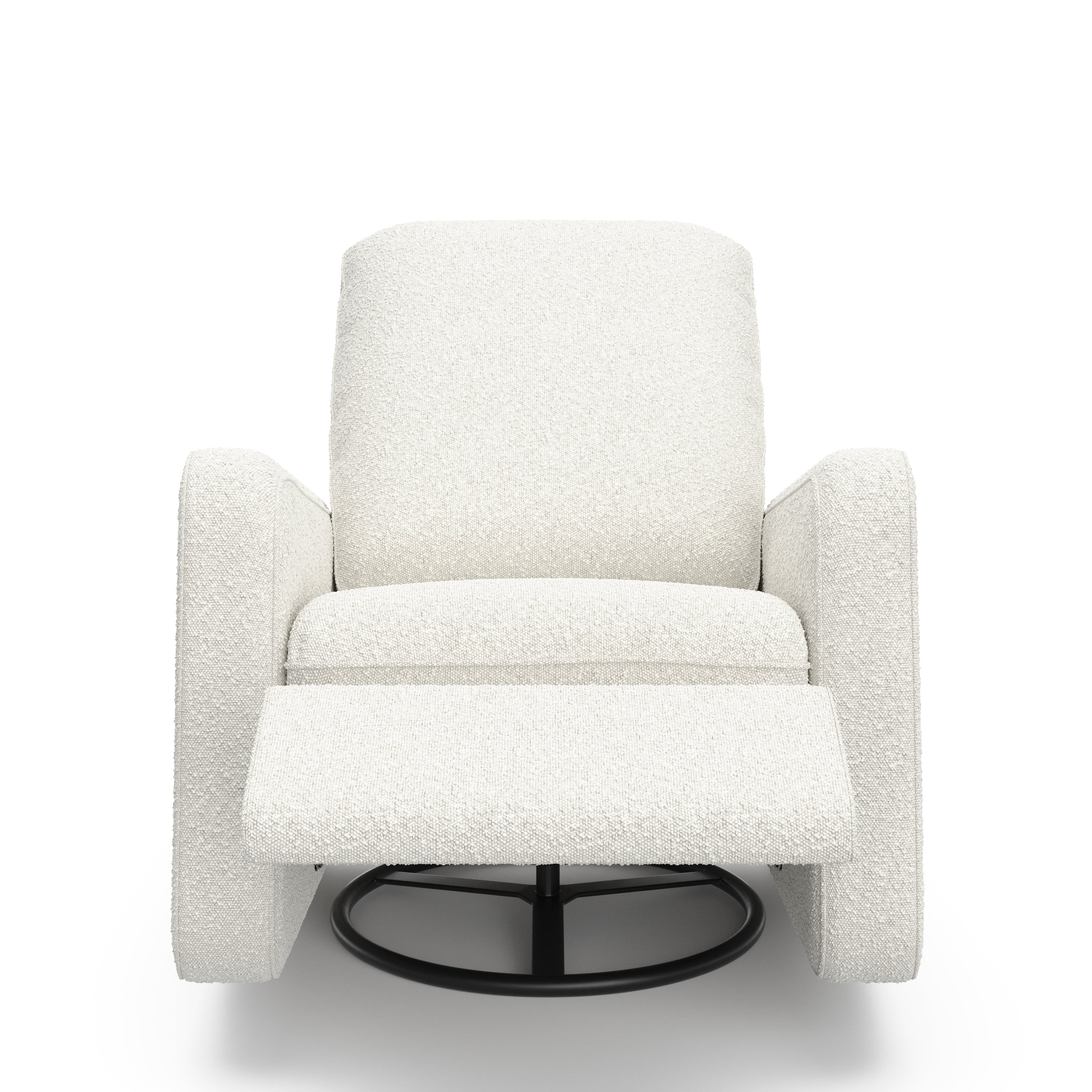 Front view of an ivory boucle reclining glider in a reclined position.