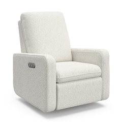 Angled view of an ivory boucle reclining glider