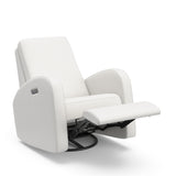 Angled view of an ivory basketweave reclining glider in a reclined position