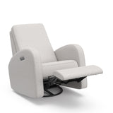 Angled view of an steel basketweave reclining glider in a reclined position