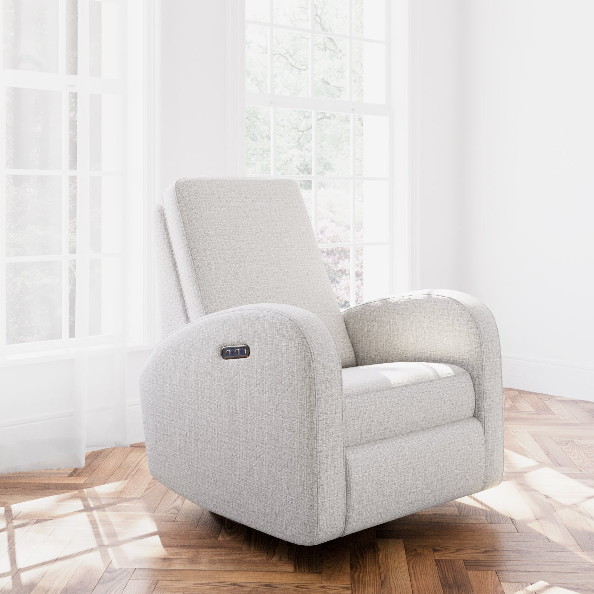 Steel basketweave reclining glider in a room