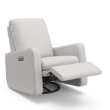 Angled view of a steel basketweave reclining glider in a reclined position