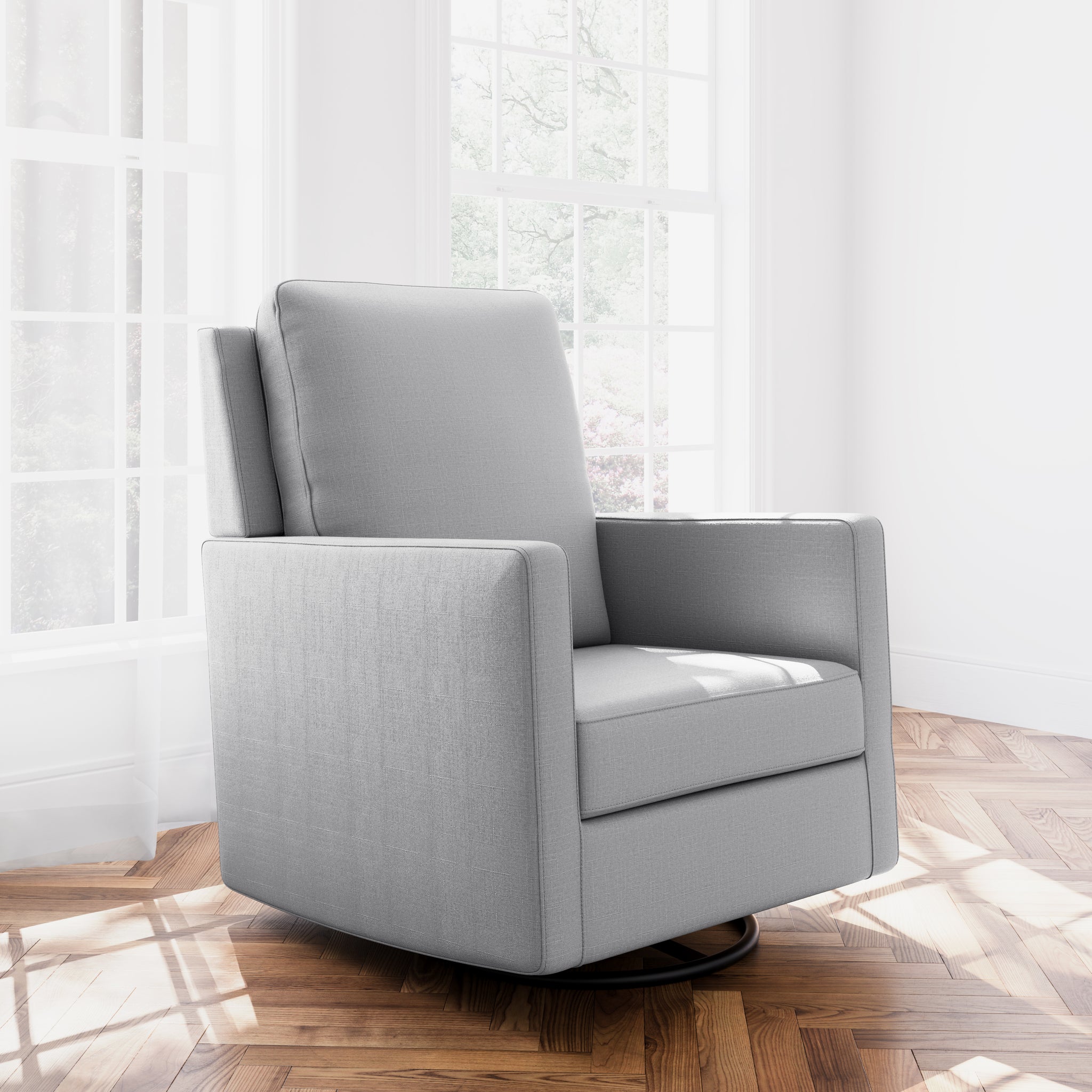 Swivel glider with fog fabric in a room