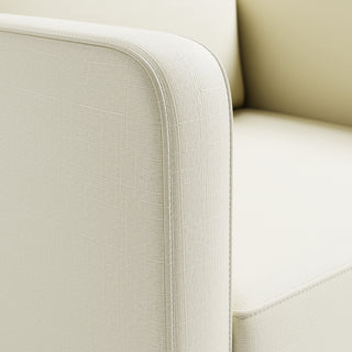 Close-up view of swivel glider with pearl fabric