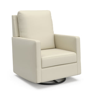 Angled view of swivel glider with pearl fabric
