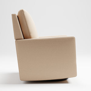 Side view of swivel glider with latte fabric