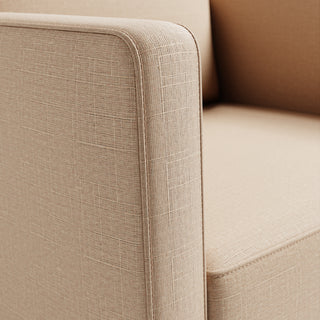 Close-up view of swivel glider with latte fabric