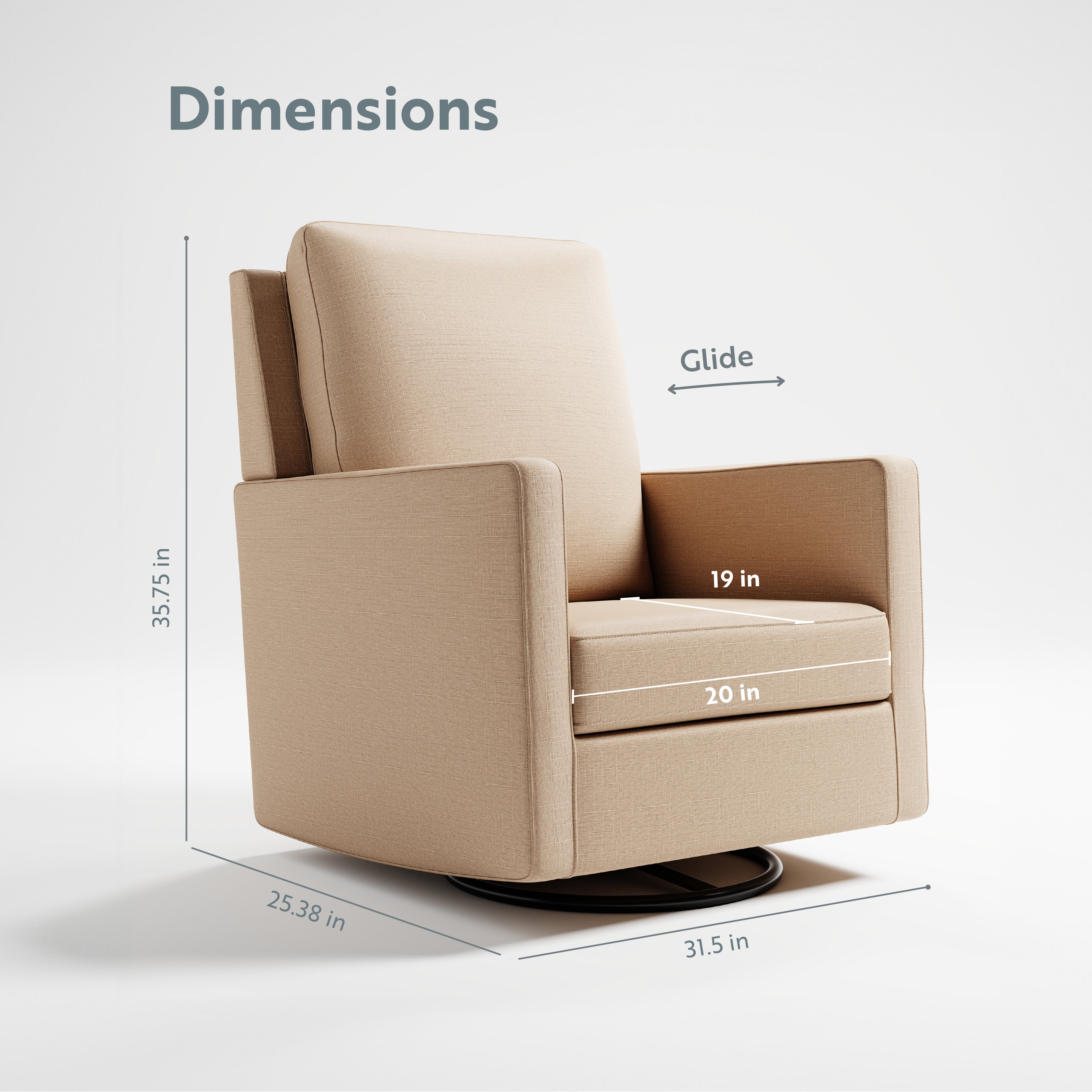 Swivel Glider  - Angled view showing dimensions (Latte)