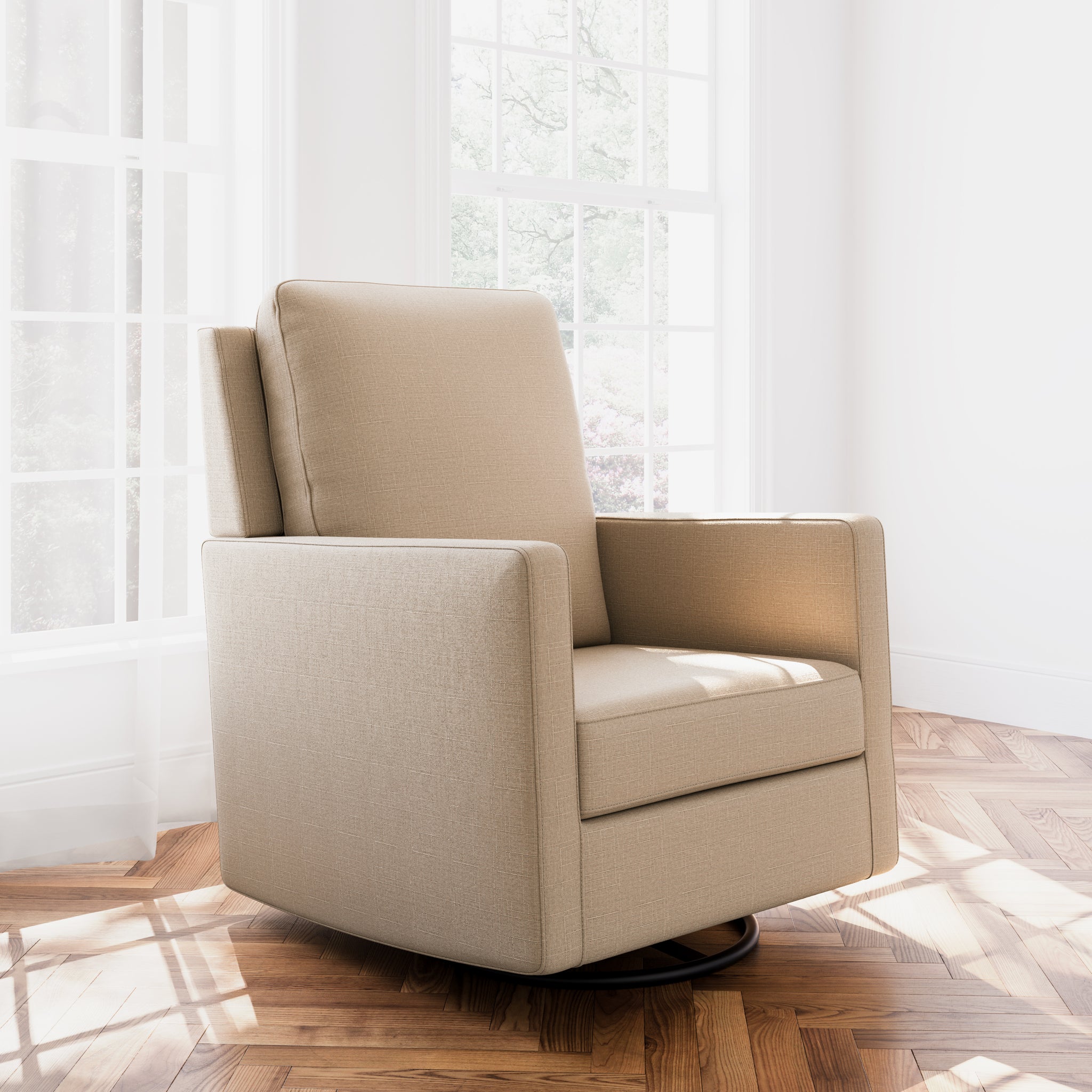Swivel glider with latte fabric in a room