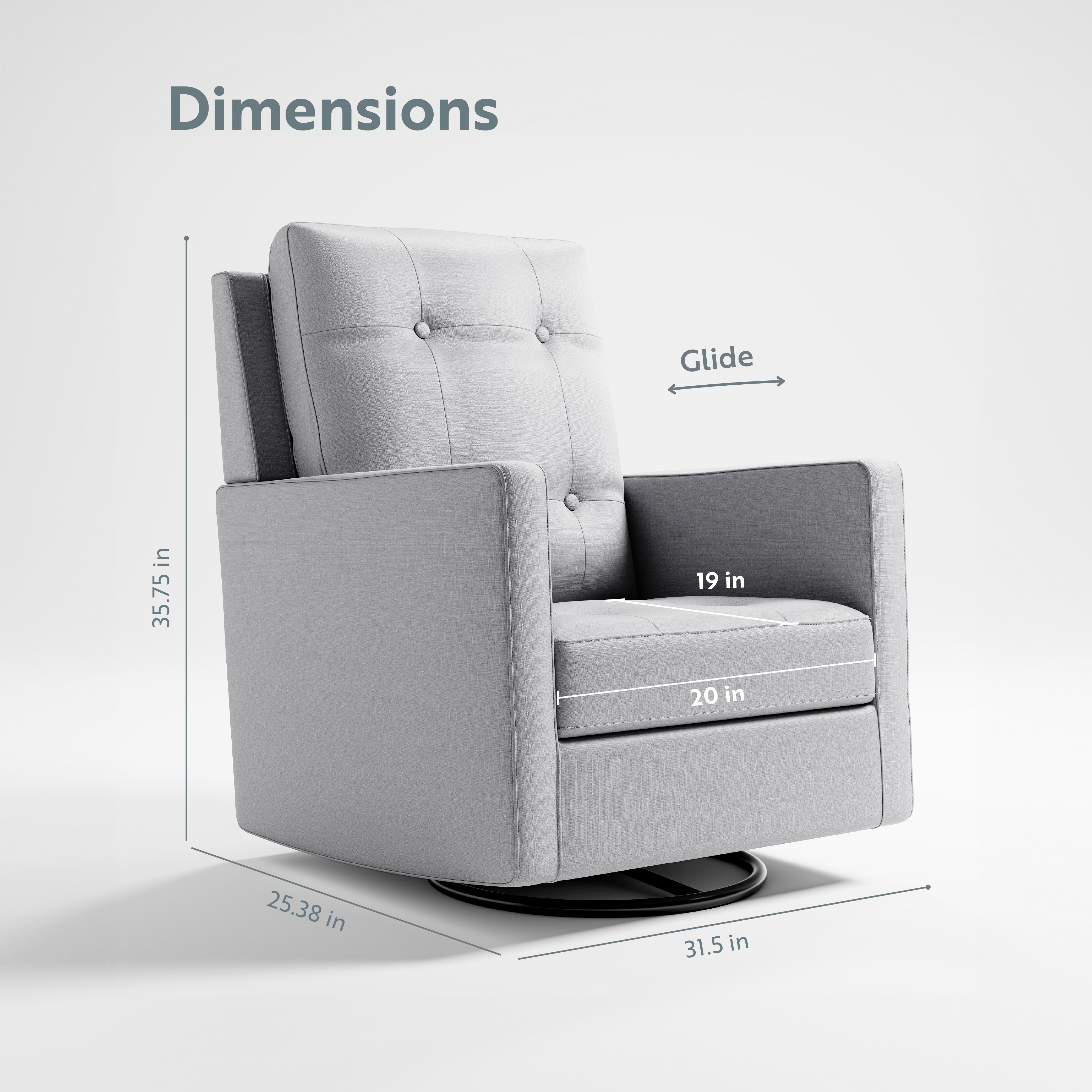 Swivel Glider  - Angled view showing dimensions (Fog)