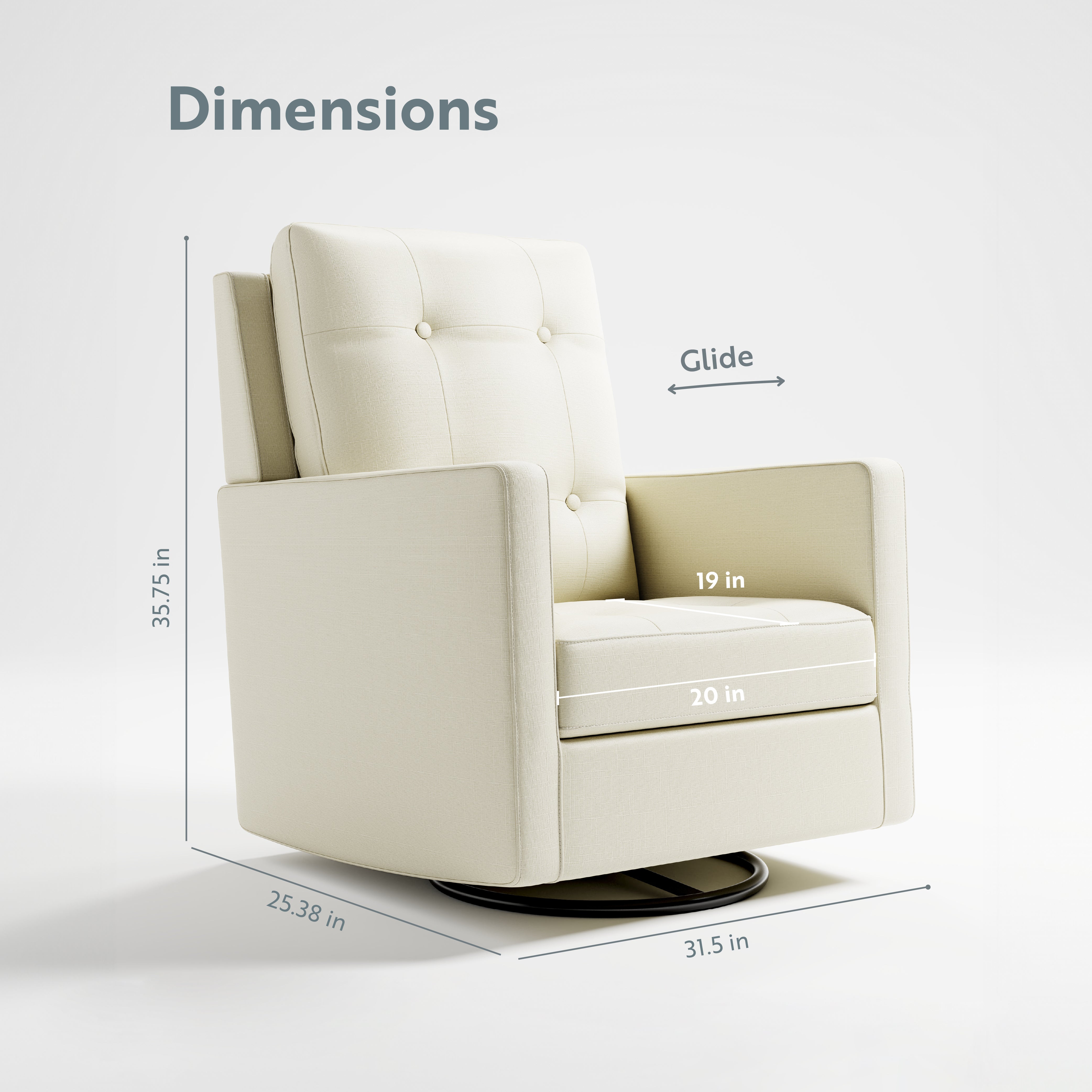 Swivel Glider  - Angled view showing dimensions (pearl)