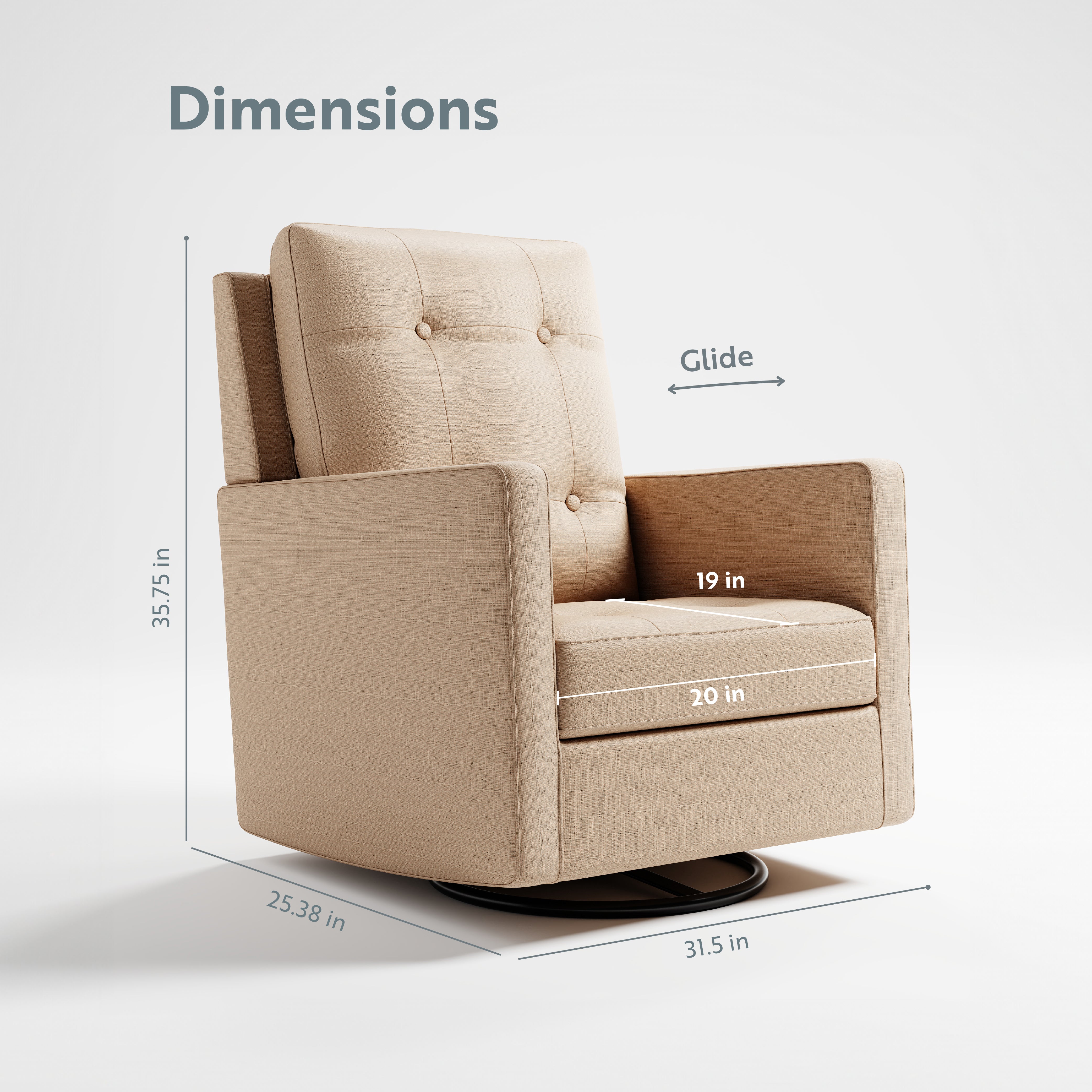 Swivel Glider  - Angled view showing dimensions (Latte)