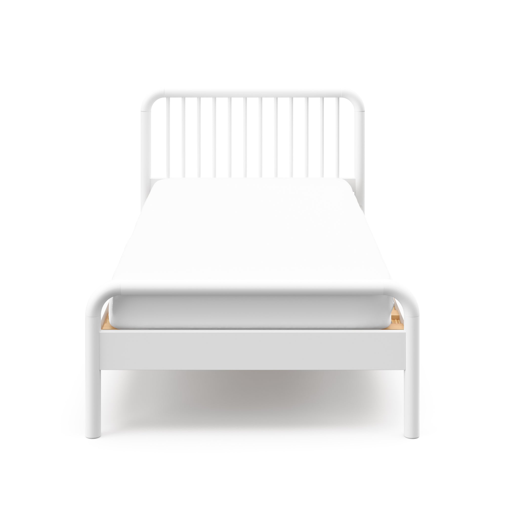 front view of white twin bed