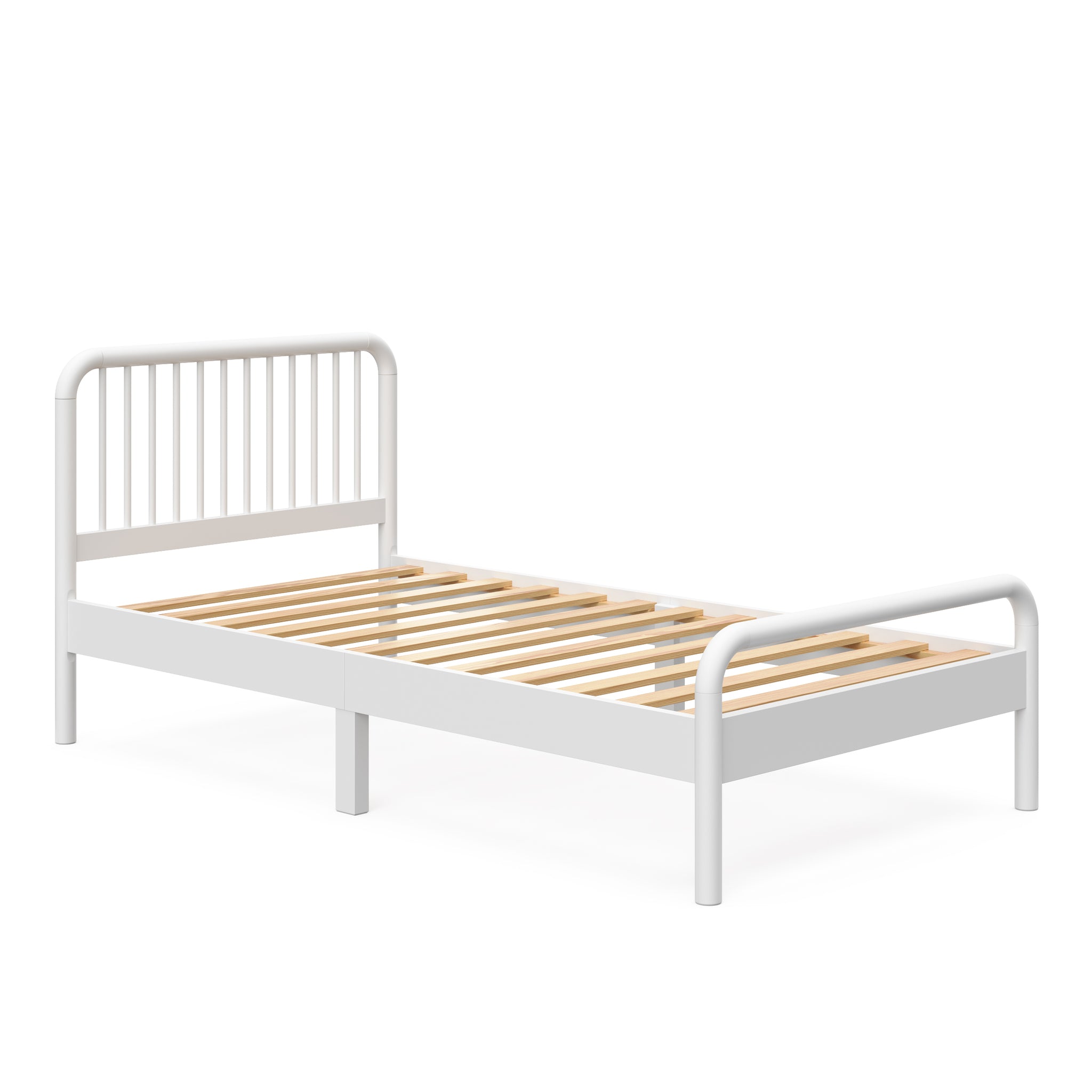 angled view of white twin bed without mattress