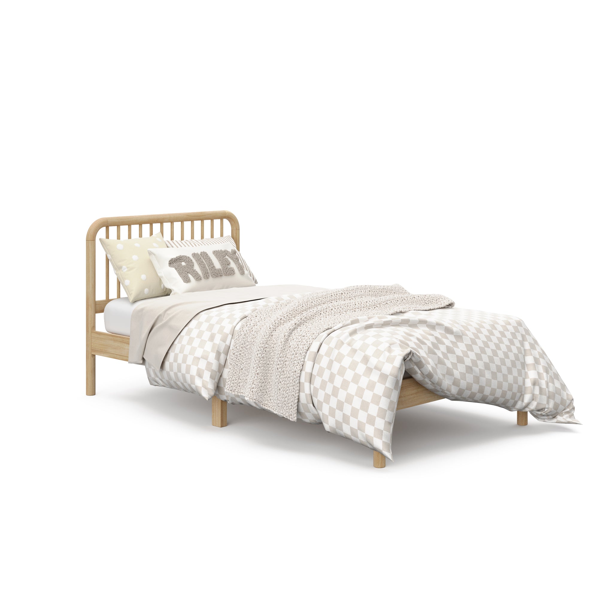 angled view of natural wood twin bed with bedding