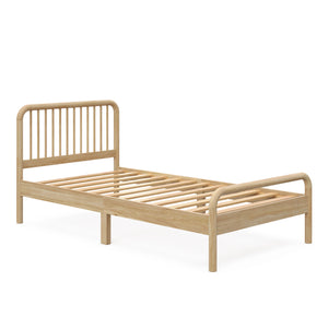 angled view of natural twin bed without mattress