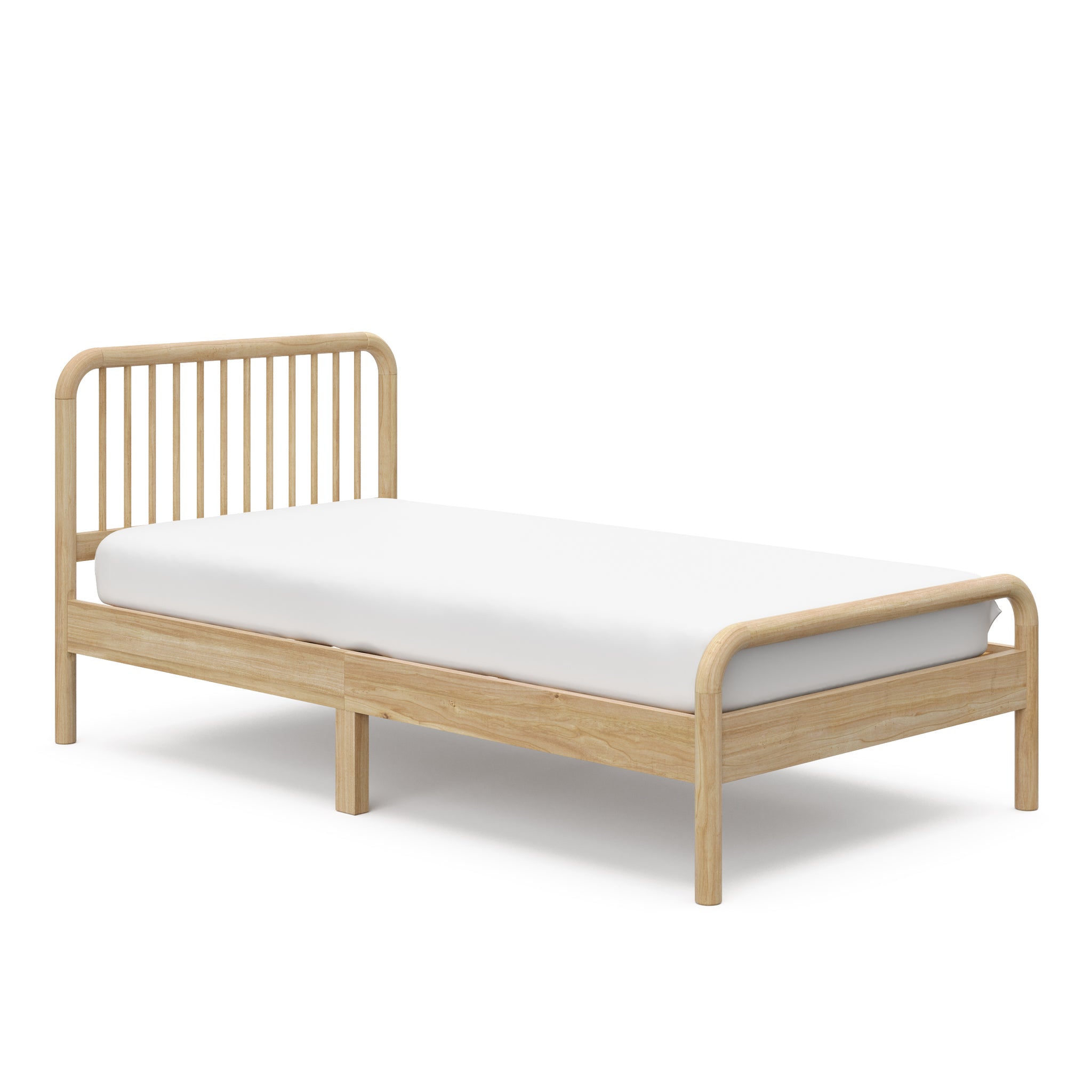 angled view of natural wood twin bed