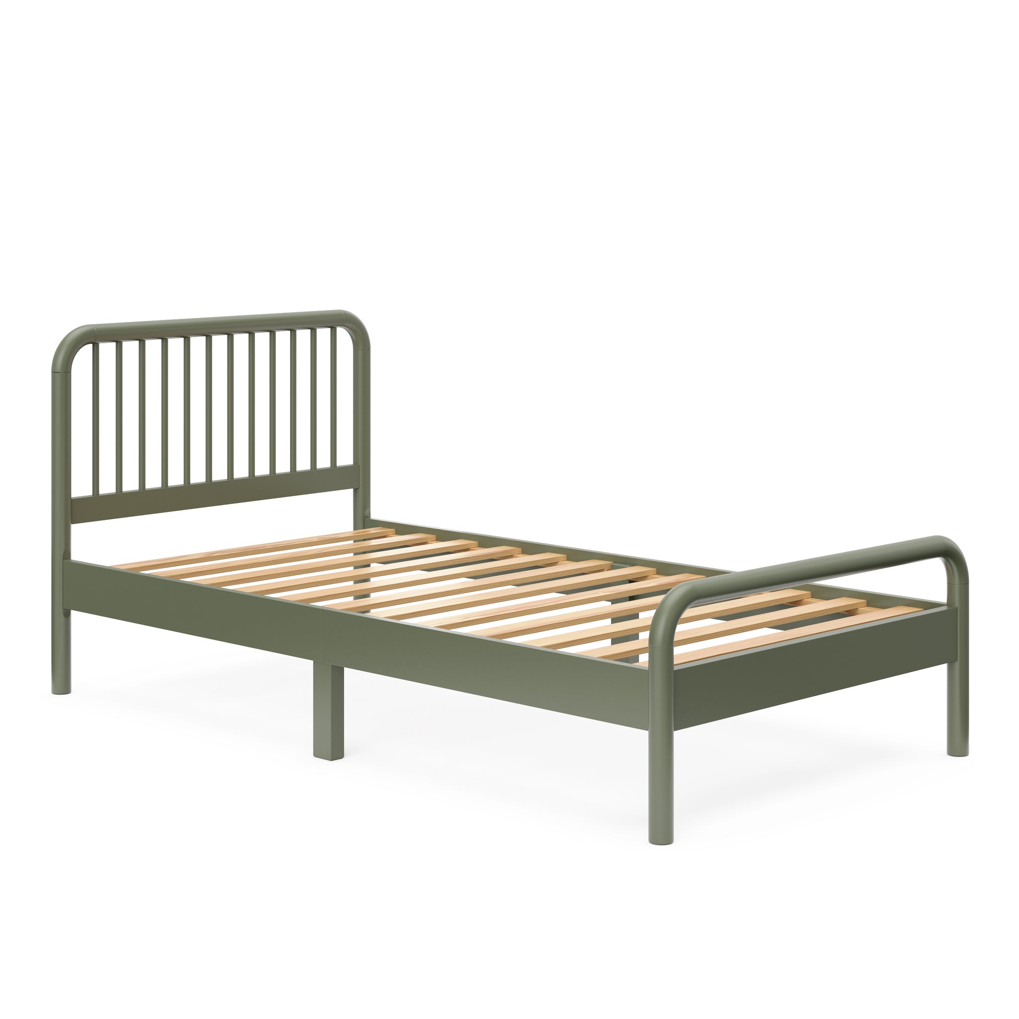 angled view of olive twin bed without mattress