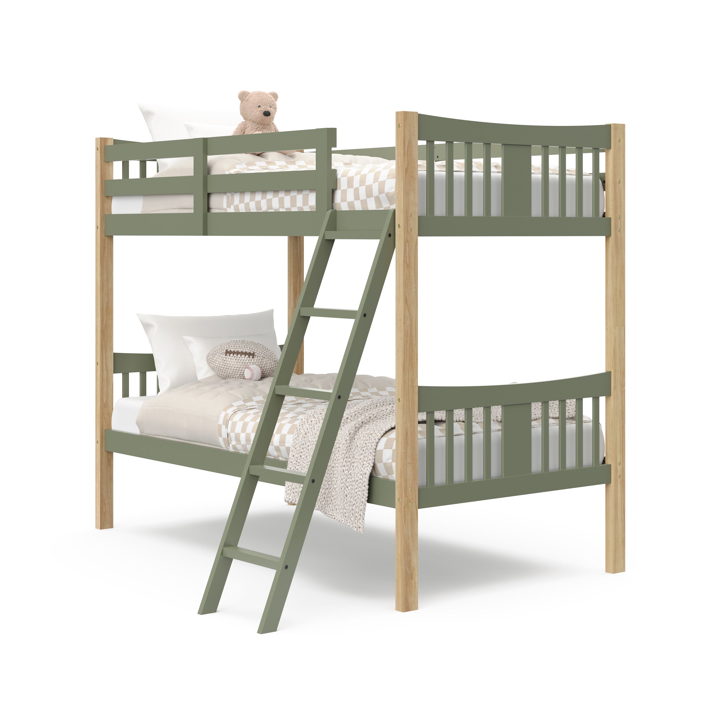 olive twin bunk bed angled view