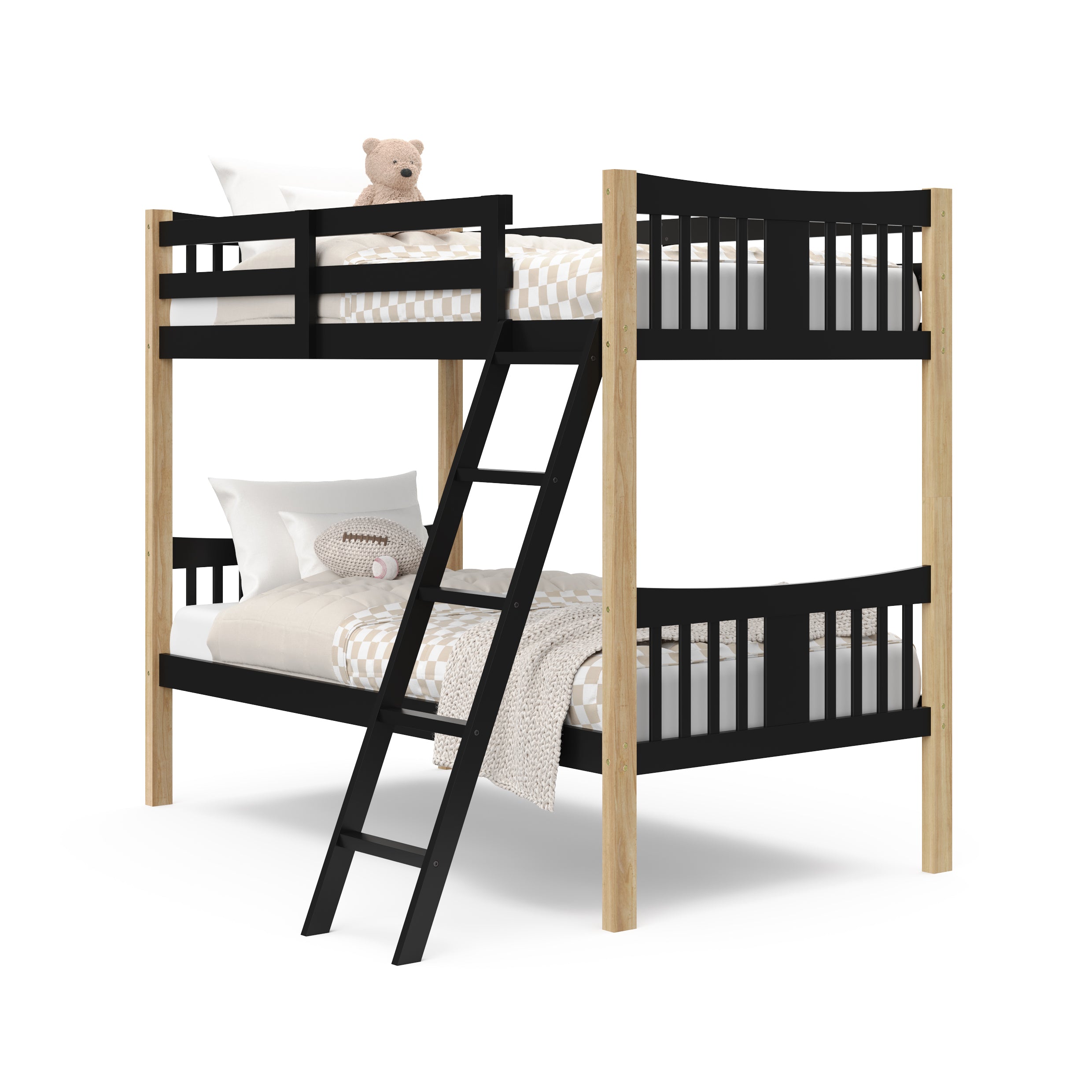 natural and black twin bunk bed angled view 