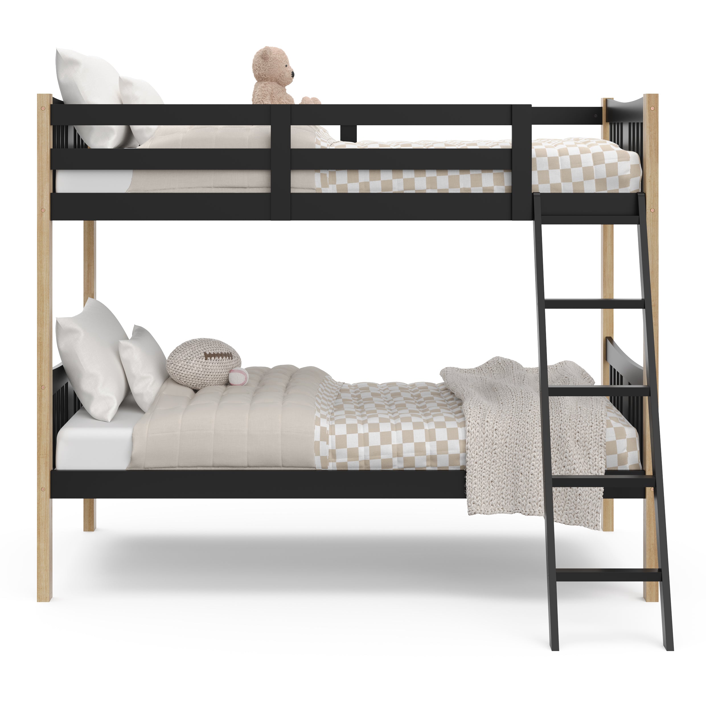 natural and black twin bunk bed front view 