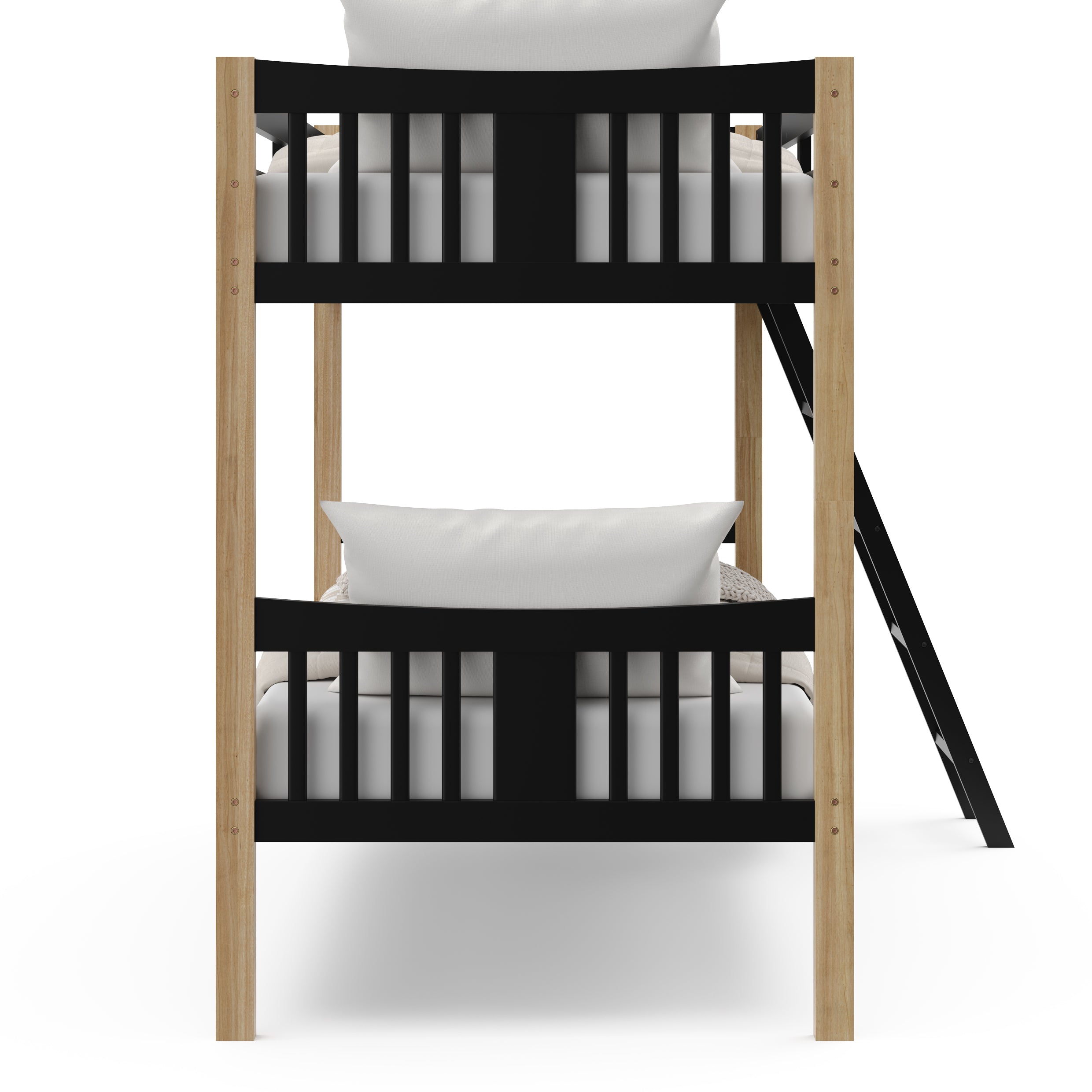 natural and black twin bunk bed side view 