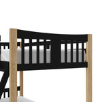 natural and black twin bunk bed angled view close up on footboard