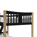 natural and black twin bunk bed angled view close up on footboard