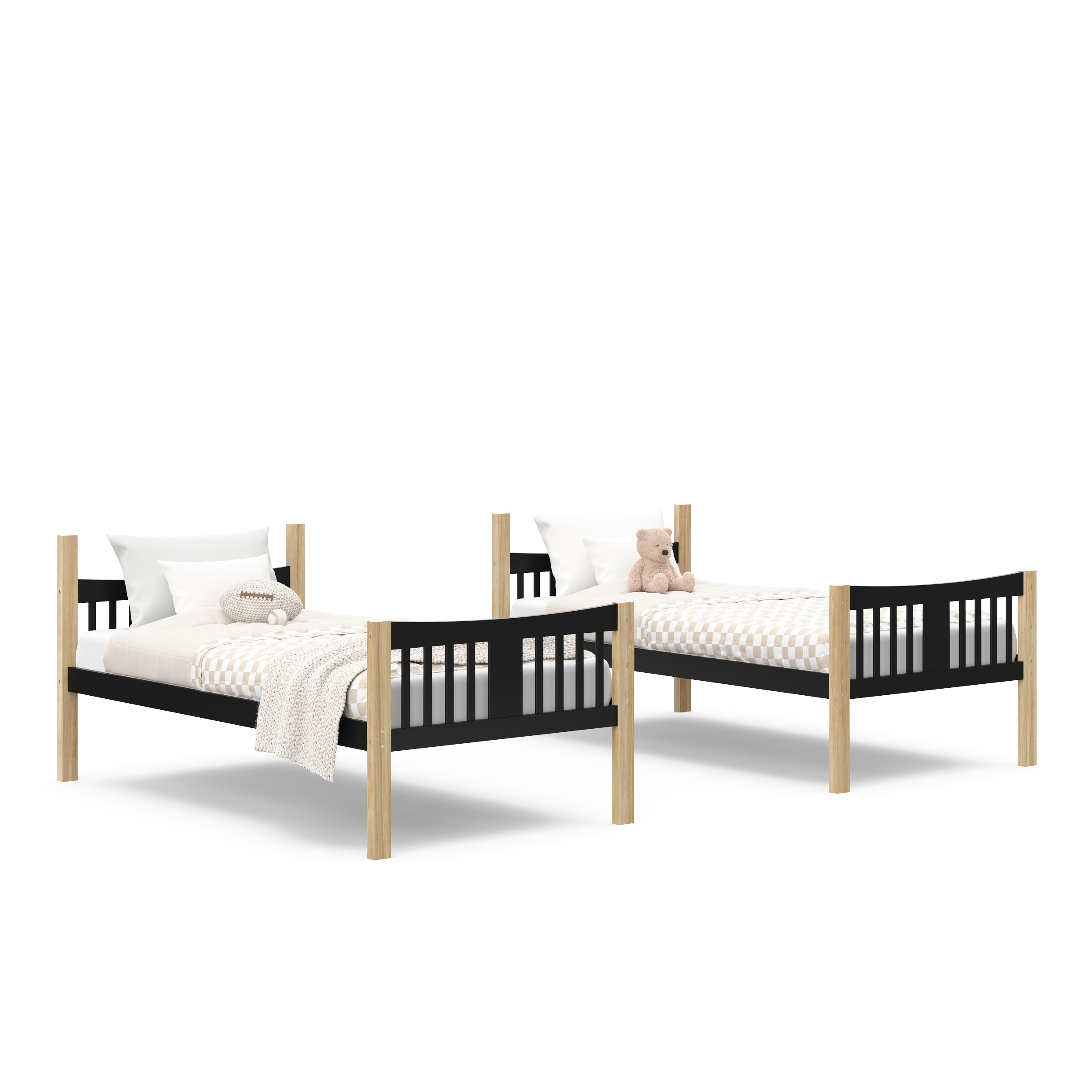 natural and black twin bunk bed angled view side by side