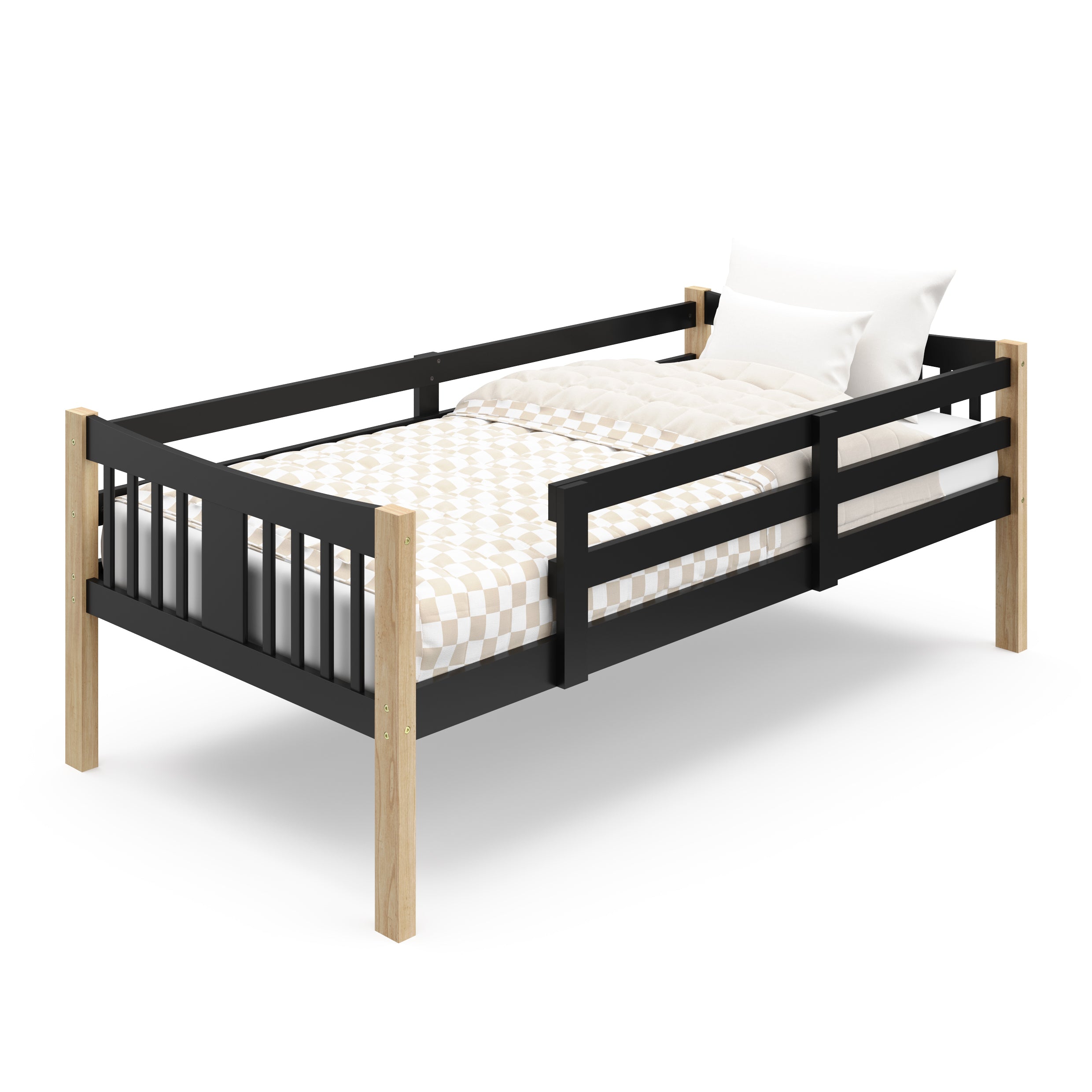 individual natural and black twin bunk bed angled view 