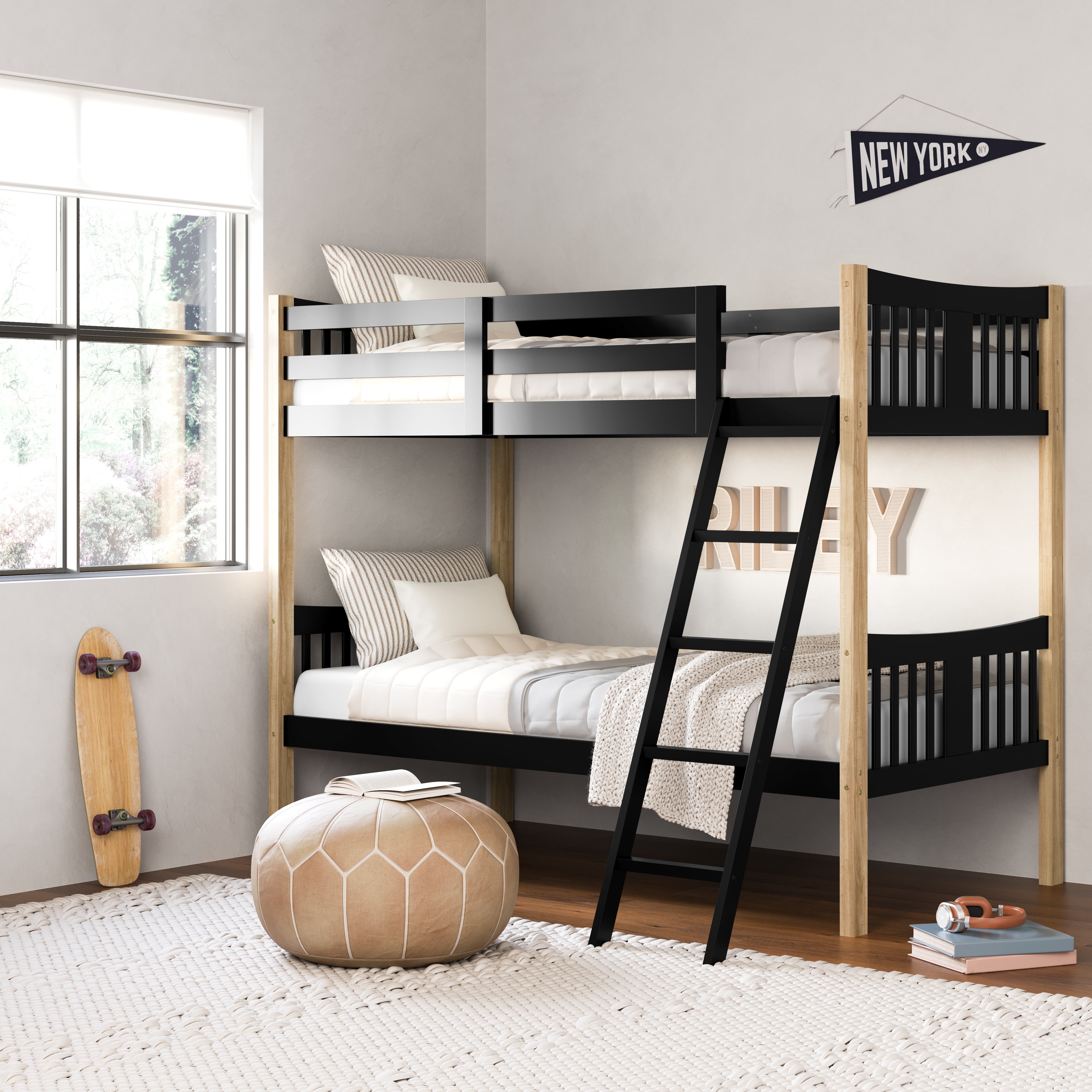 natural and black twin bunk bed angled view in bedroom