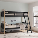 natural and black twin bunk bed angled view in bedroom