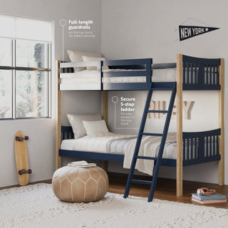 Angled view of bunk bed with information in room (Midnight Blue with Natural)