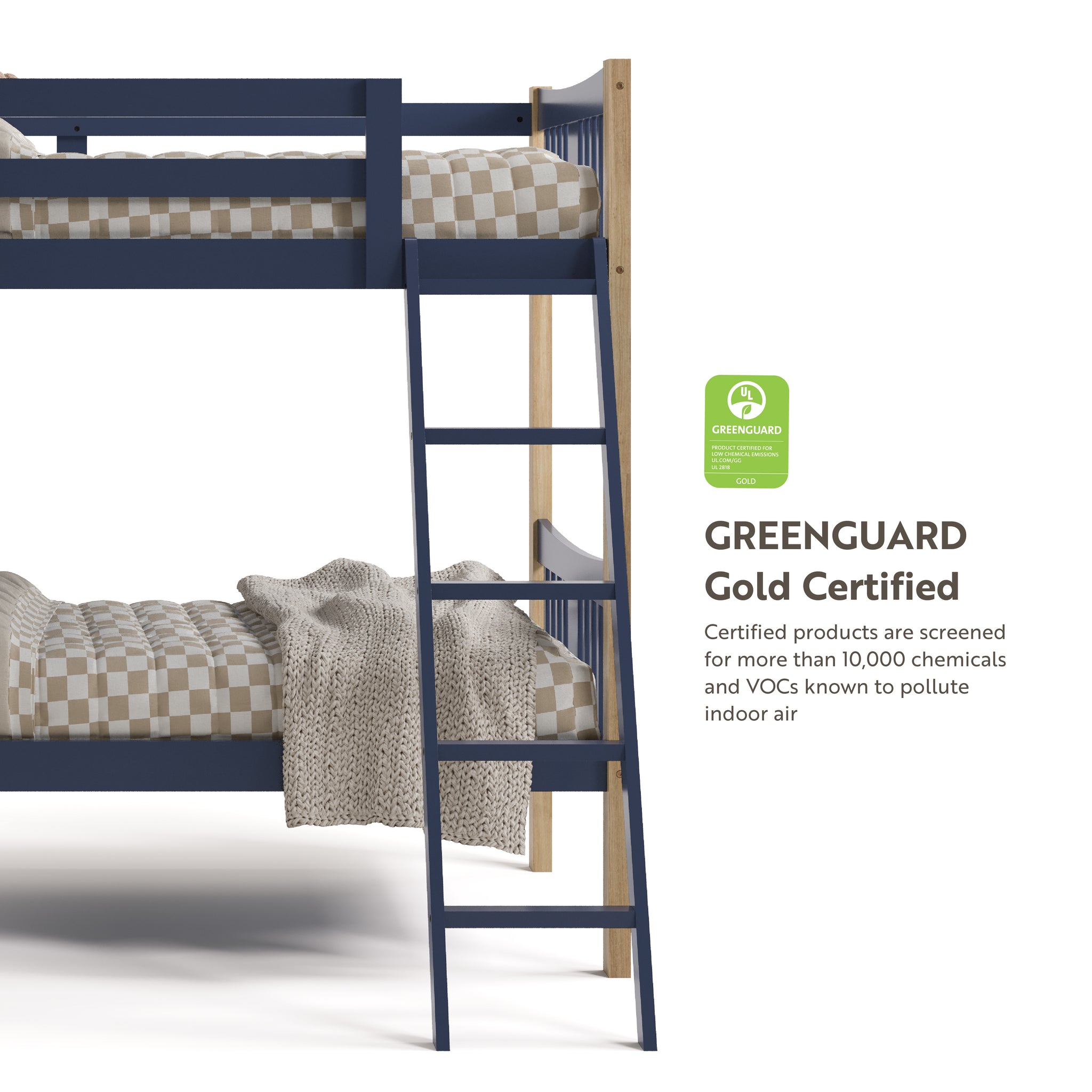 detail view of bunk bed with  GREENGUARD Gold information (Midnight Blue with Natural)