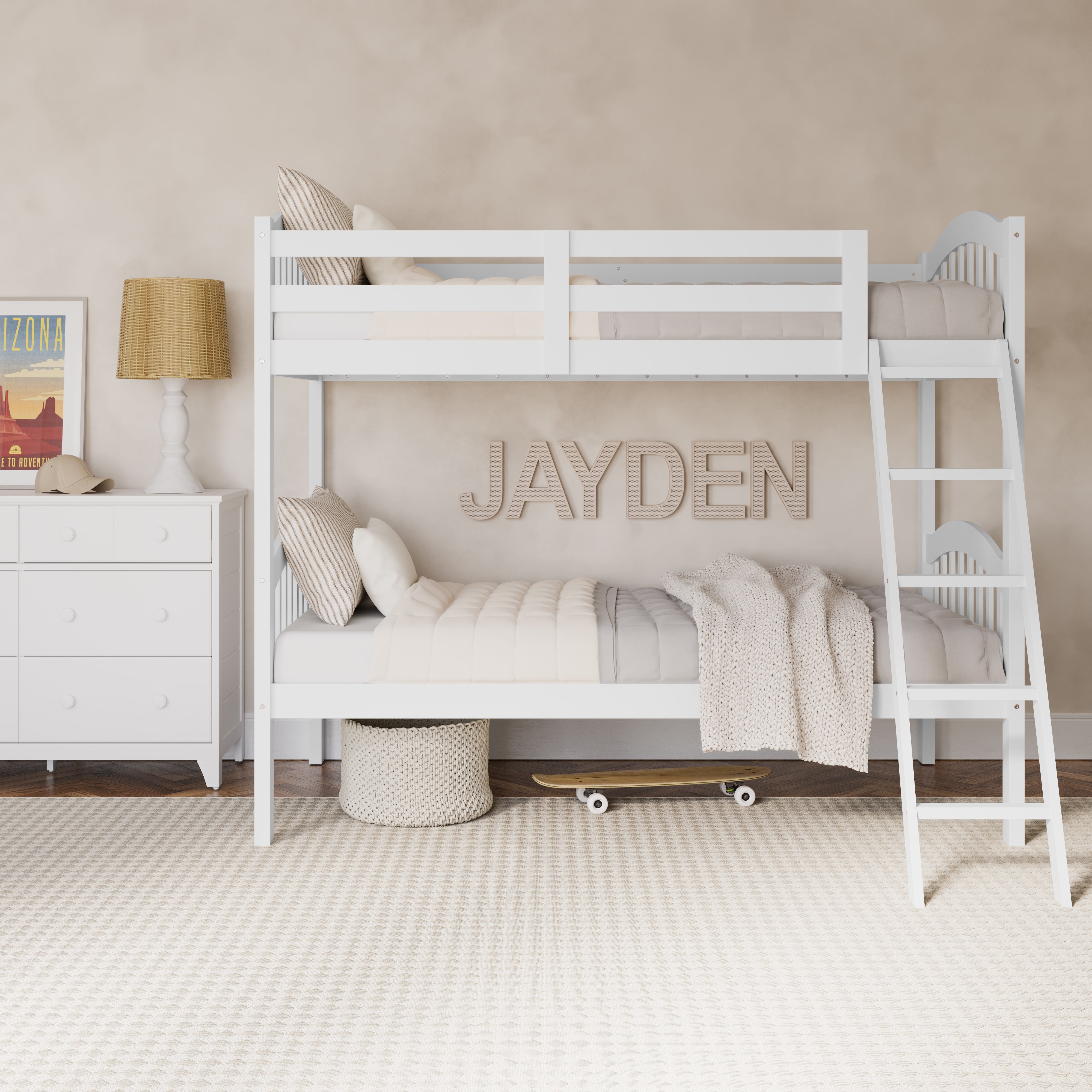 white bunk bed with fixed ladder side view in bedroom