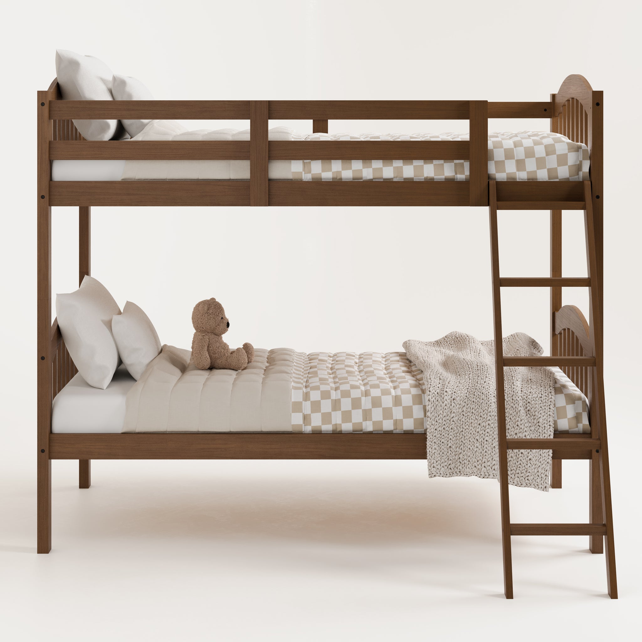 bunk bed with fixed ladder front view with bedding (hazelnut)