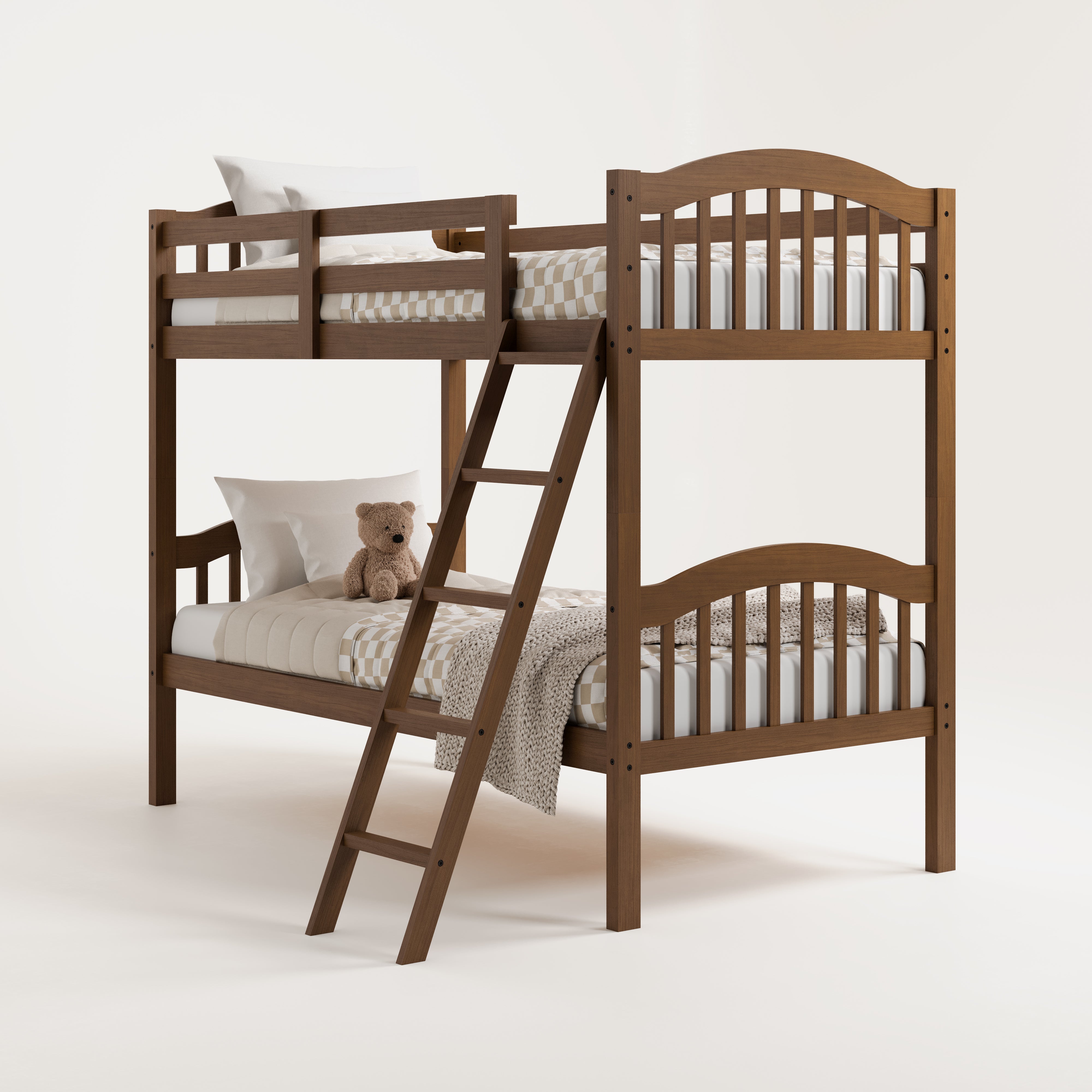 bunk bed with fixed ladder angled with bedding (hazelnut)