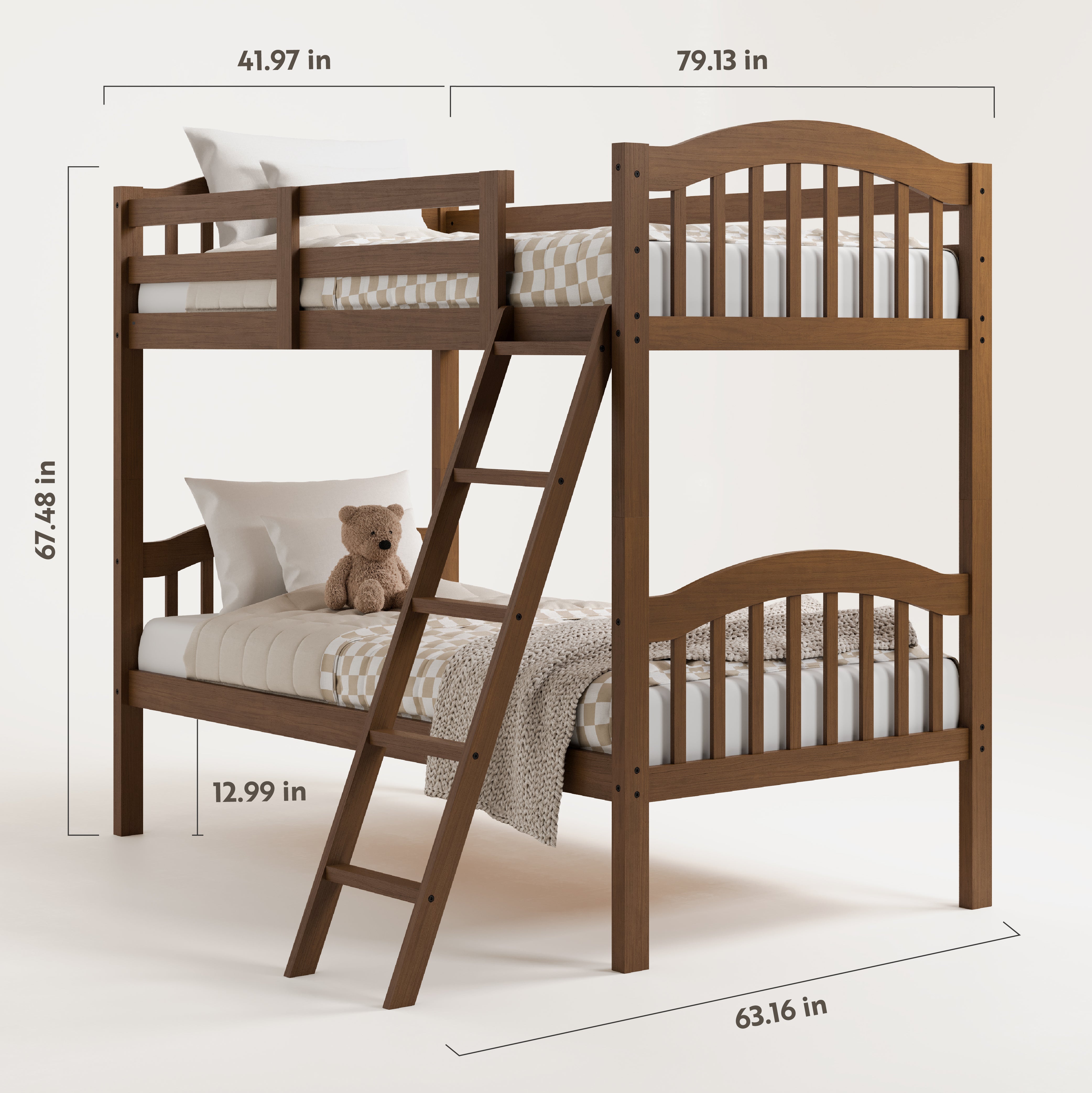 bunk bed with fixed ladder angled with bedding and dimensions (hazelnut)