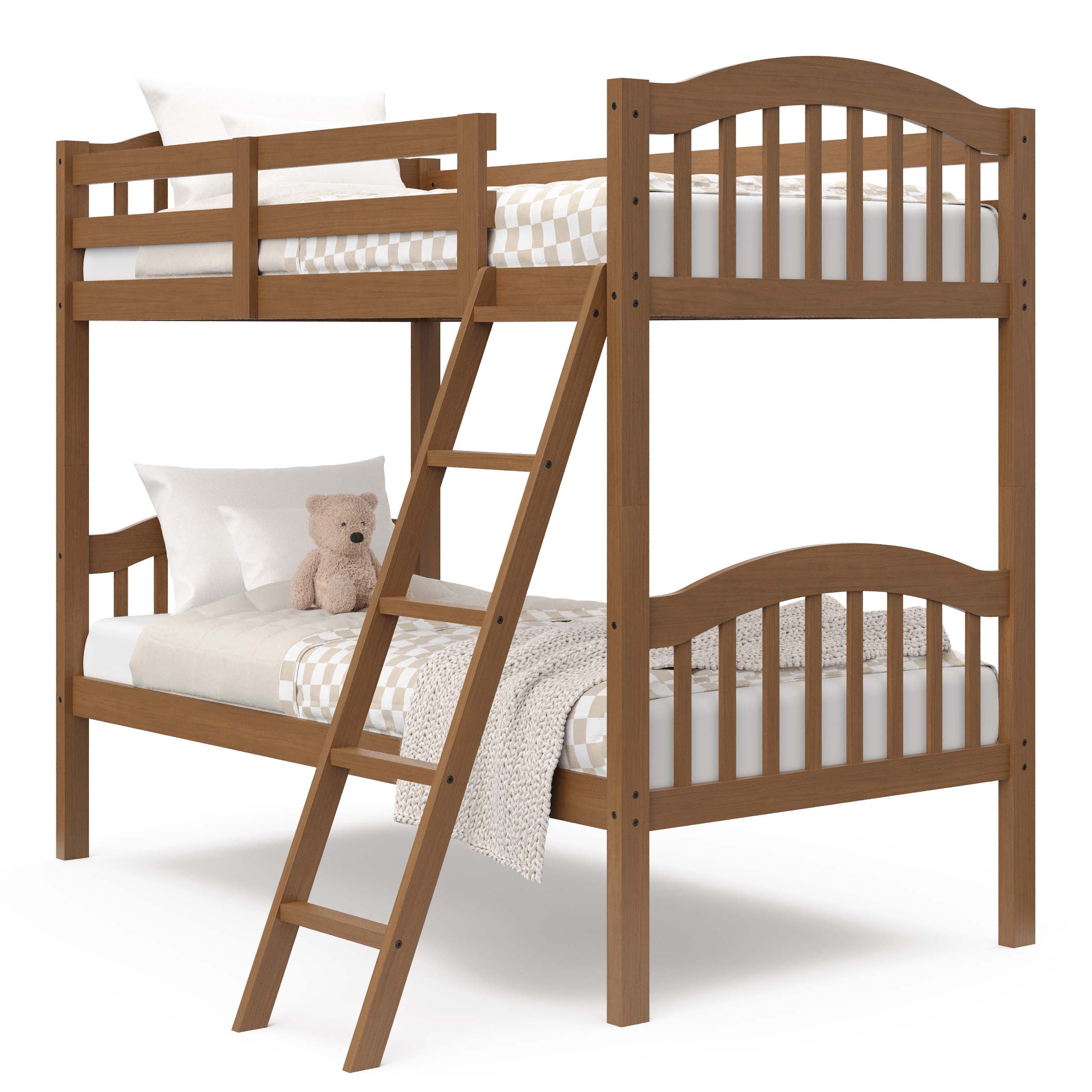 hazelnut bunk bed with fixed ladder angled with bedding